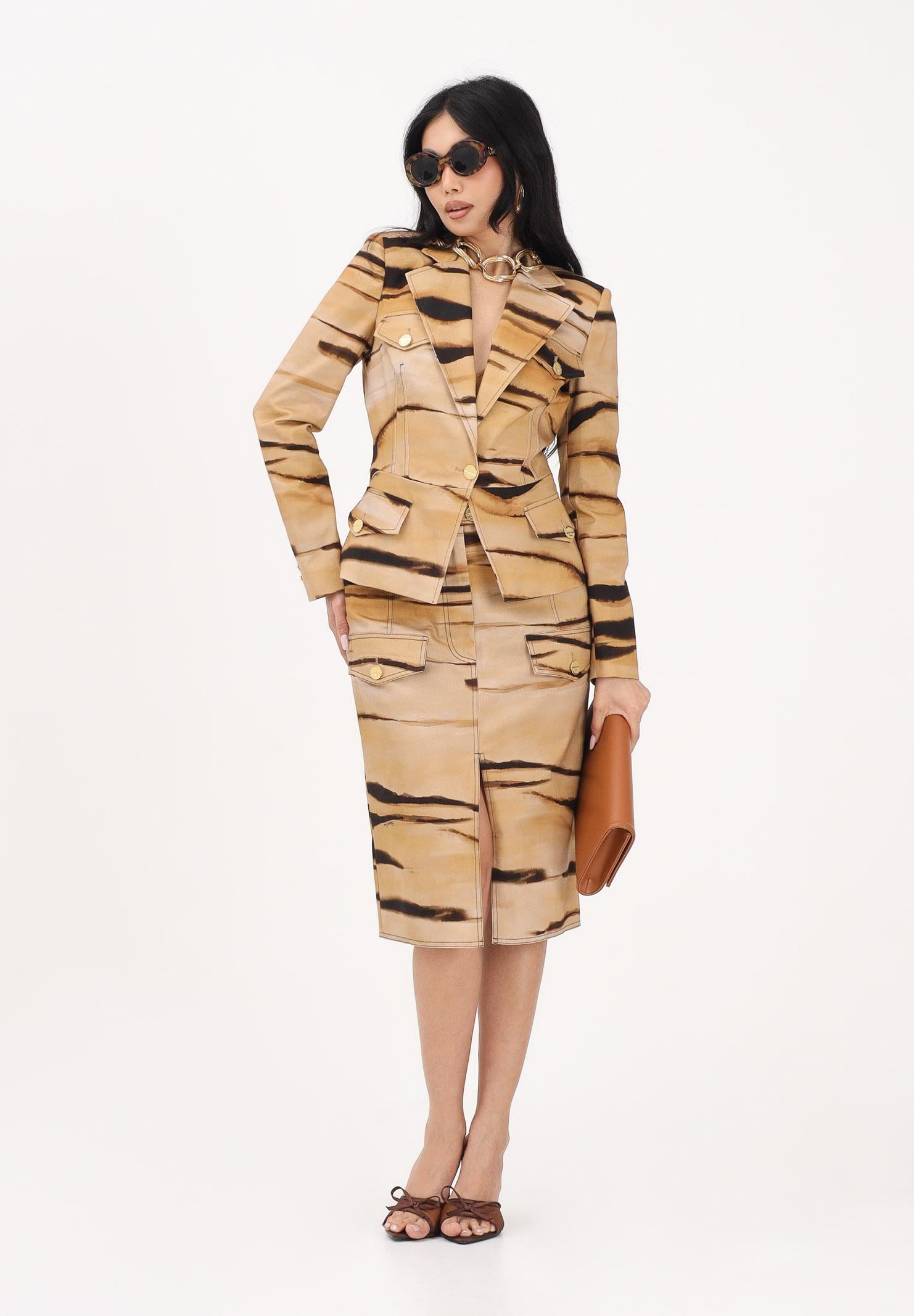 ELISABETTA FRANCHI Giacca monopetto beige da donna con stampa tigre<BR/> GI23762E2 470 ELISABETTA FRANCHI