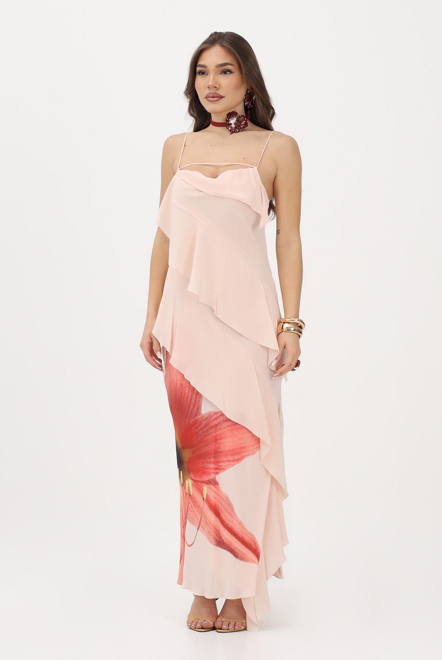 PATRIZIA PEPE Abito lungo rosa da donna con rouche e stampa Flower 2A3090A765 J510 PATRIZIA PEPE
