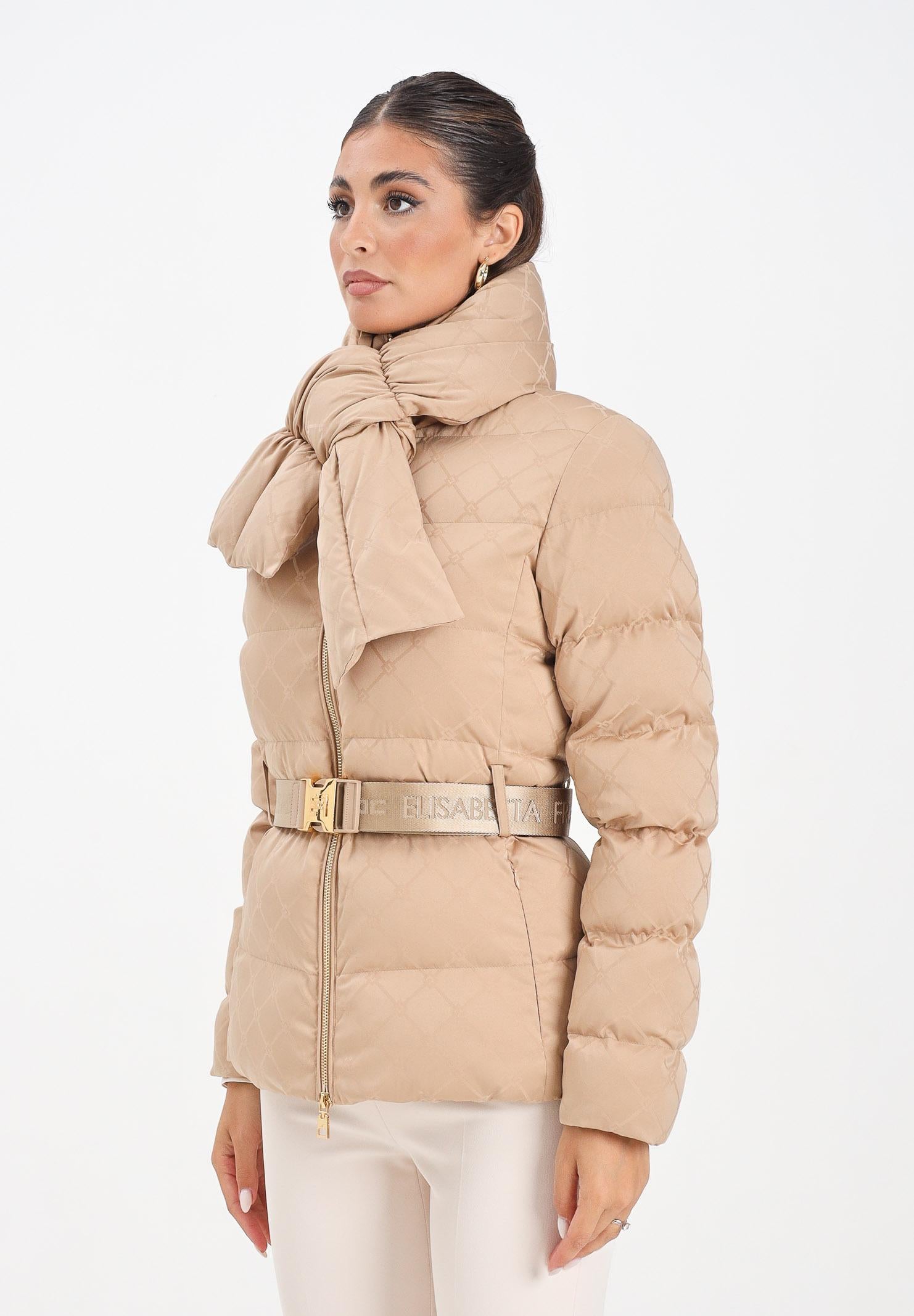ELISABETTA FRANCHI Piumino beige da donna in tessuto vela jacquard con cintura PI83D56E2 EA2 ELISABETTA FRANCHI