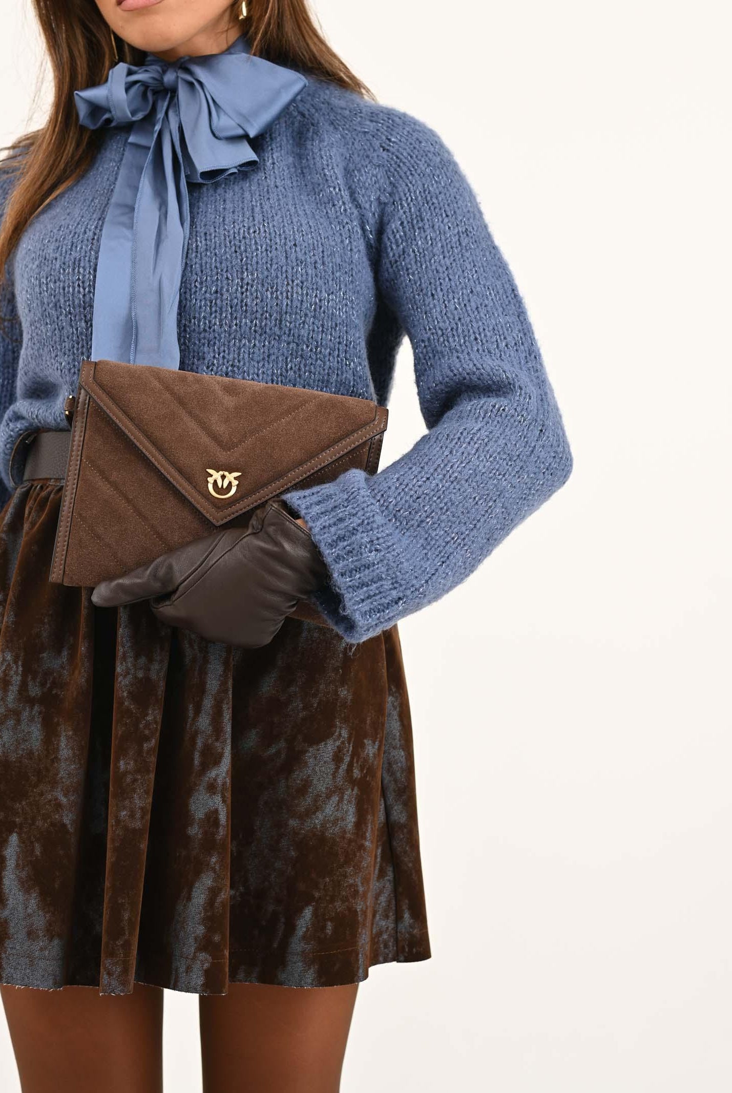 PINKO Pochette realizzata in pelle scamosciata marrone da donna con logo Love Birds 104820A2JH L74V PINKO