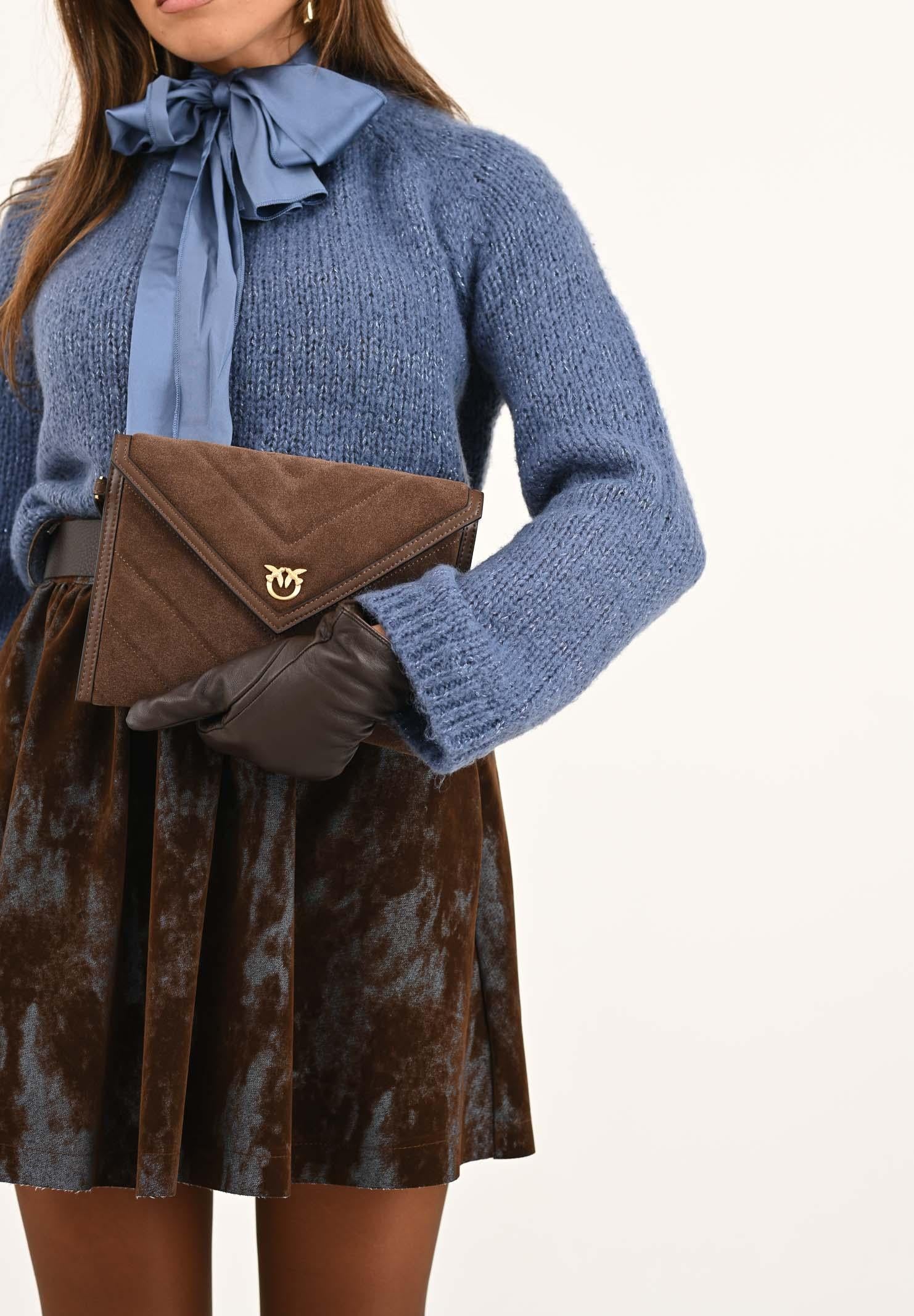 PINKO Pochette realizzata in pelle scamosciata marrone da donna con logo Love Birds 104820A2JH L74V PINKO