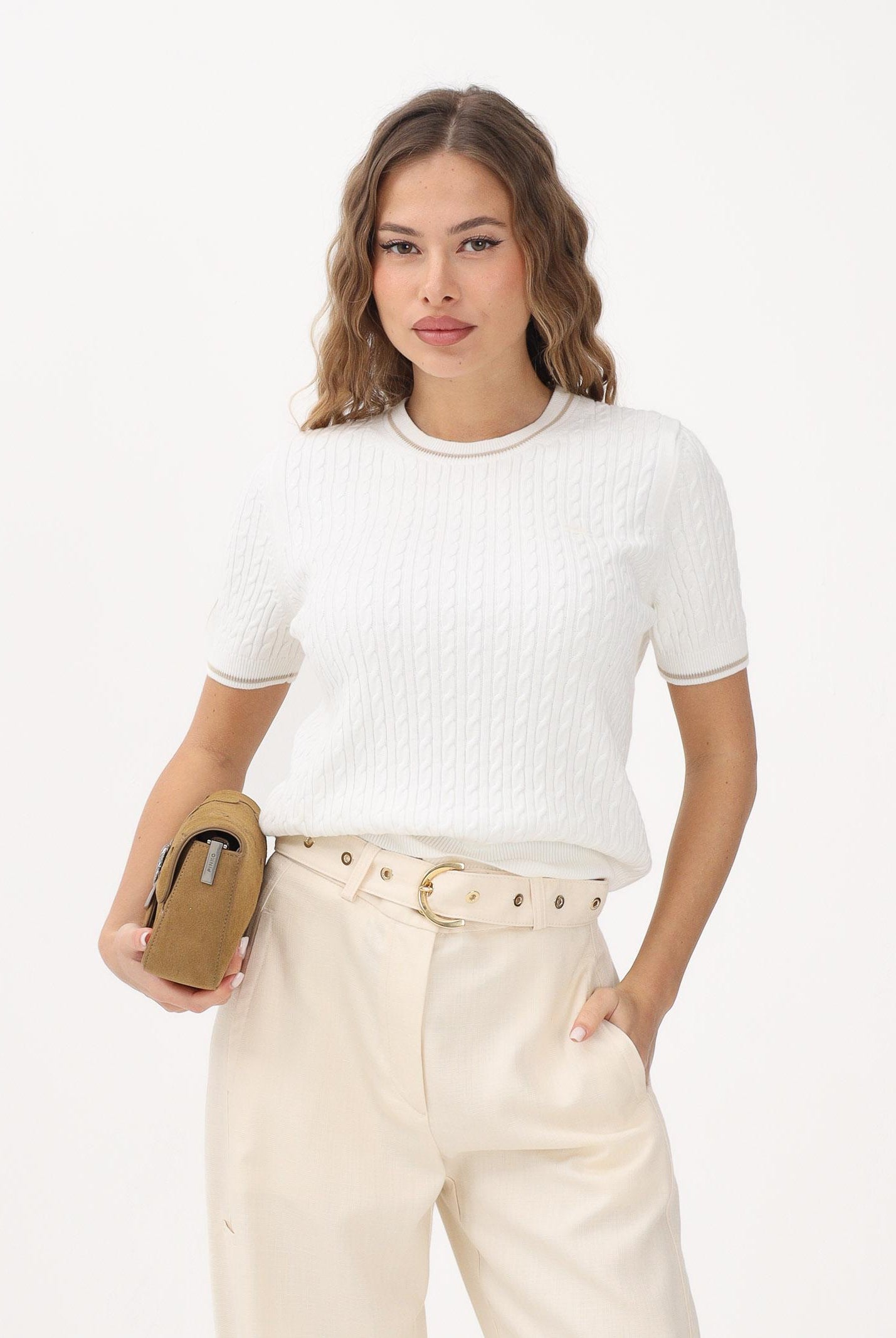 LACOSTE Maglia a manica corta bianca da donna in maglia a trecce AF9862 70V LACOSTE