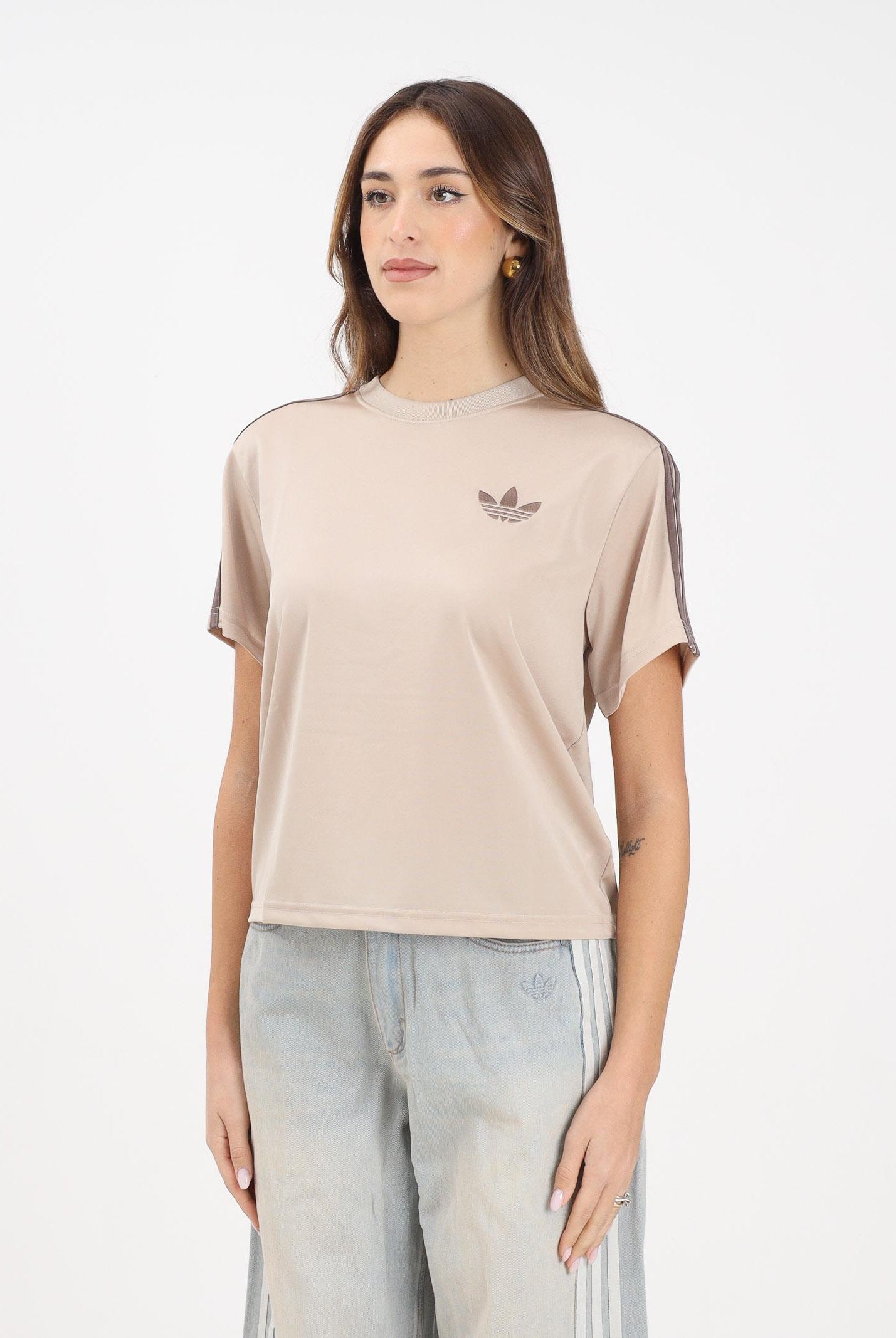 ADIDAS ORIGINALS T-shirt a manica corta beige da donna con logo KD1348 . ADIDAS ORIGINALS