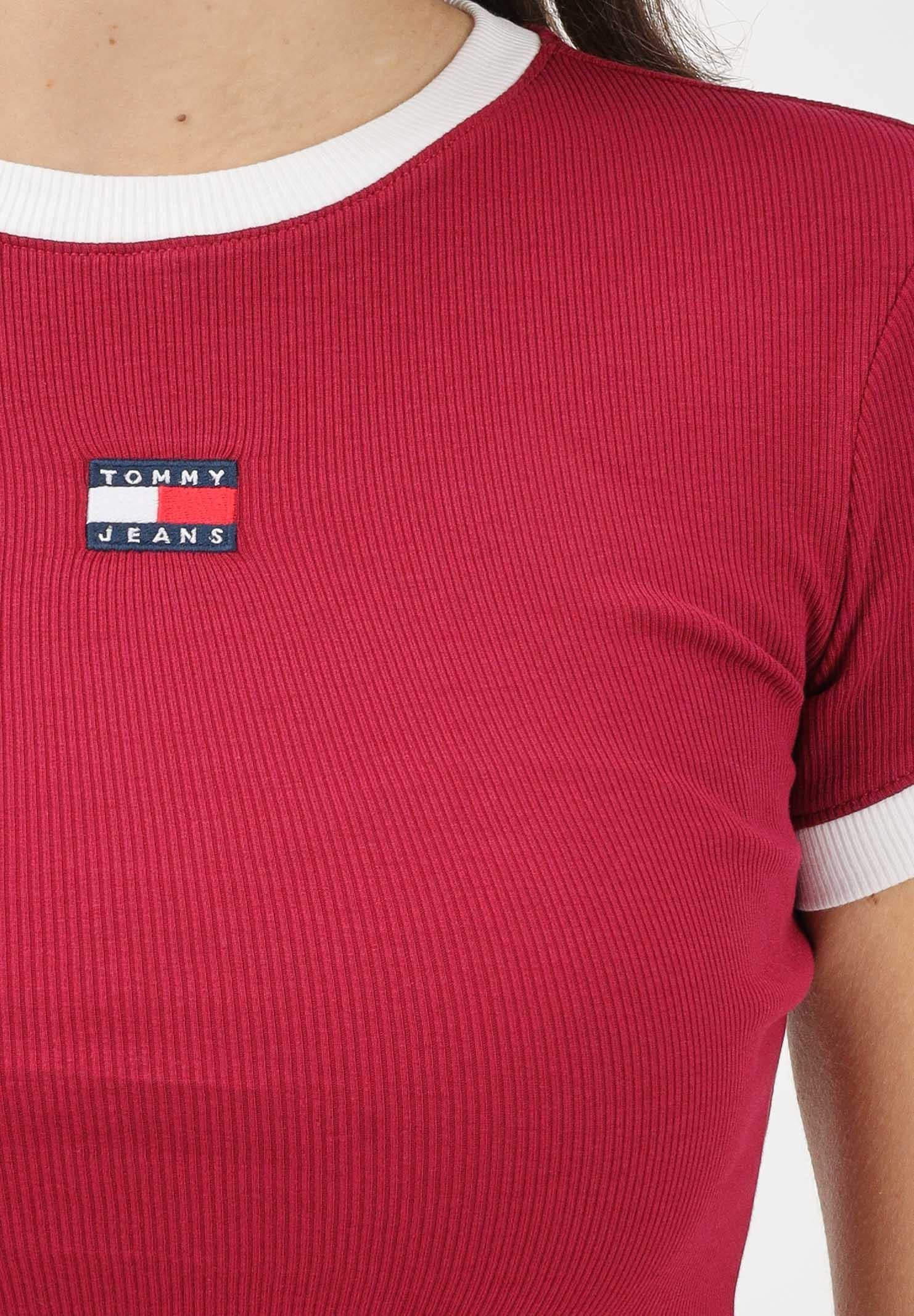 TOMMY JEANS T-shirt a manica corta bordeaux da donna con logo e finiture a contrasto DW0DW22575 VLC TOMMY JEANS