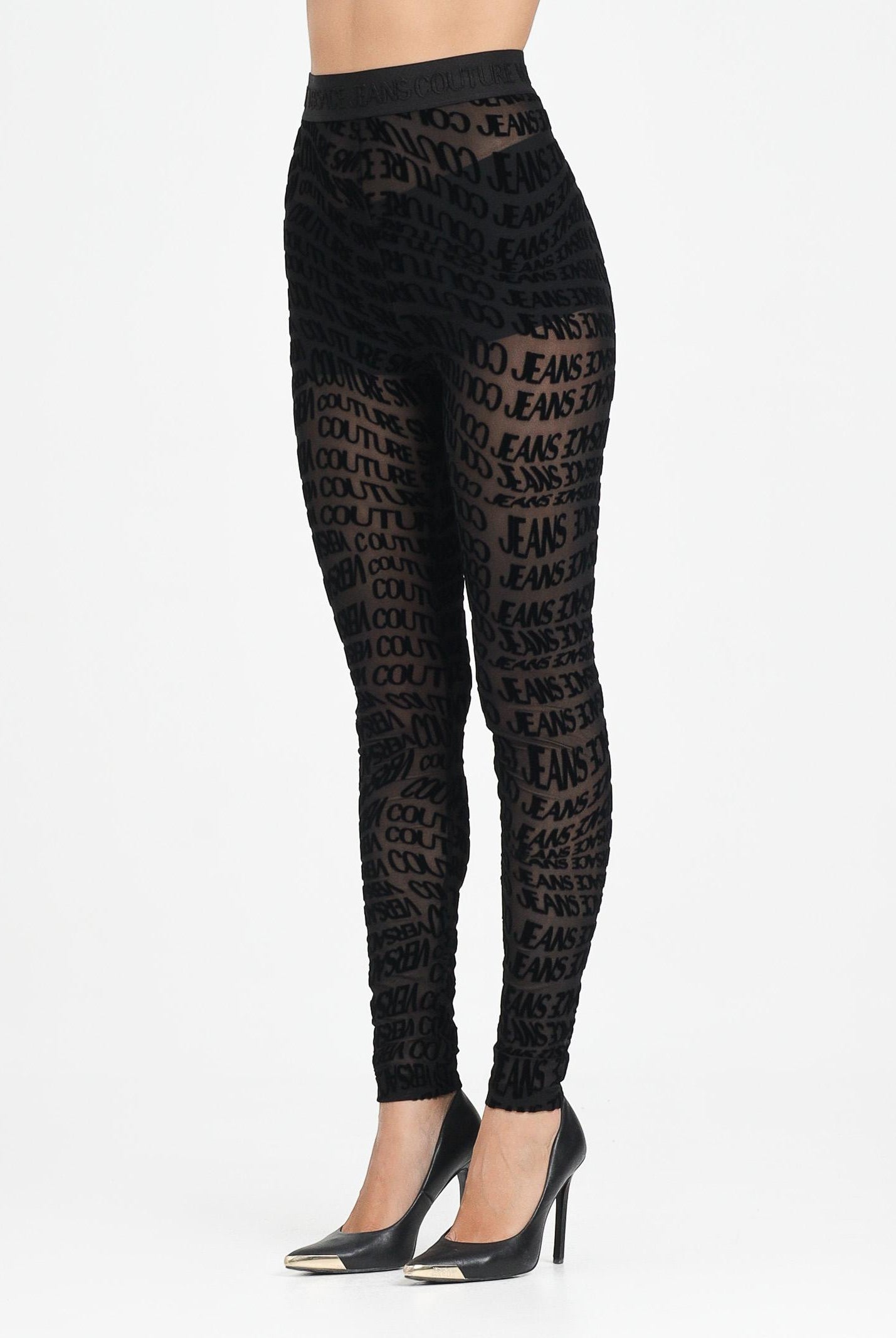 VERSACE JEANS COUTURE Leggings nero da donna con motivo Liquify Logomania vellutato 79HAC101JS490 899 VERSACE JEANS COUTURE