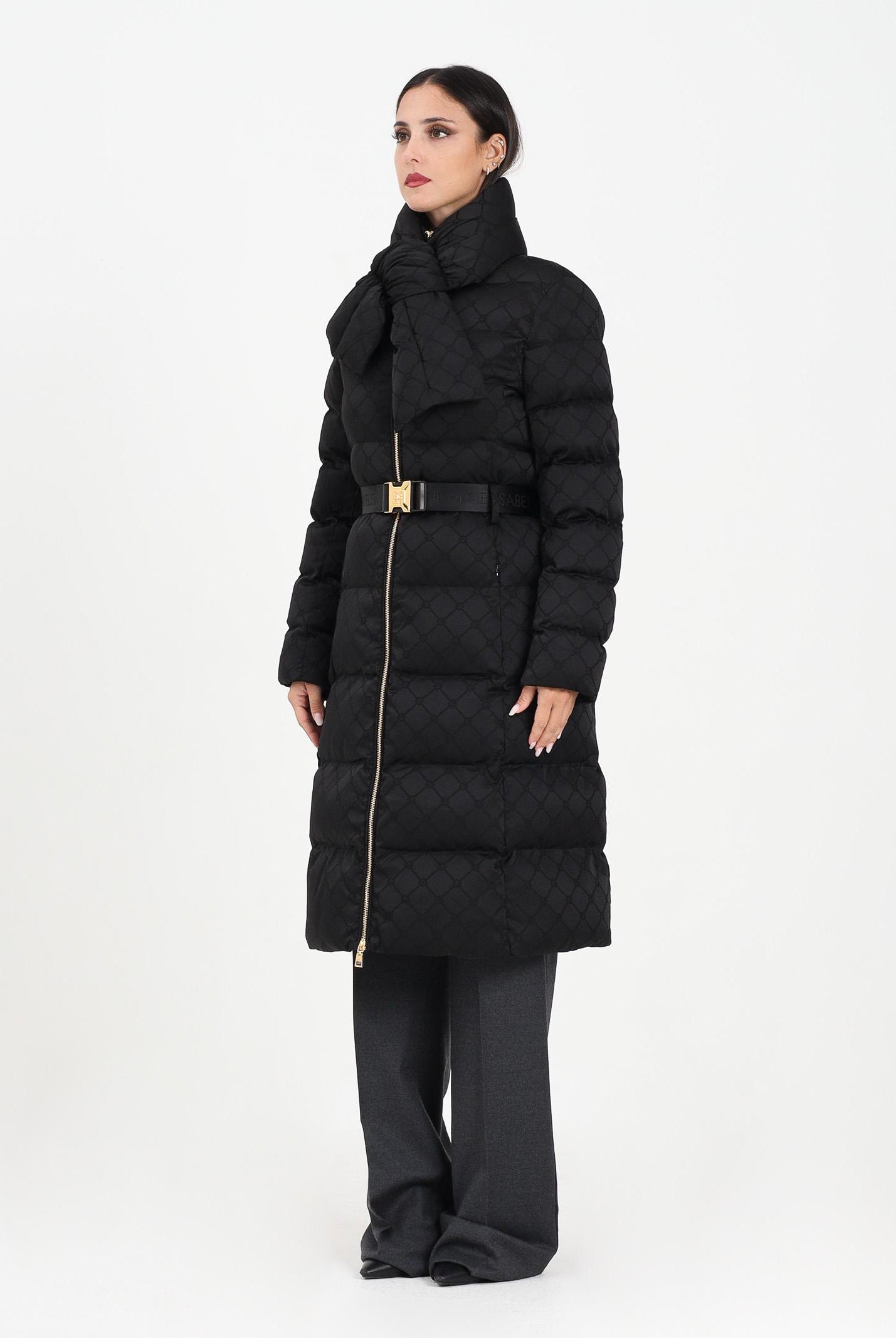 ELISABETTA FRANCHI Piumino lungo nero da donna in tessuto vela jacquard<BR/> PI84D56E2 110 ELISABETTA FRANCHI