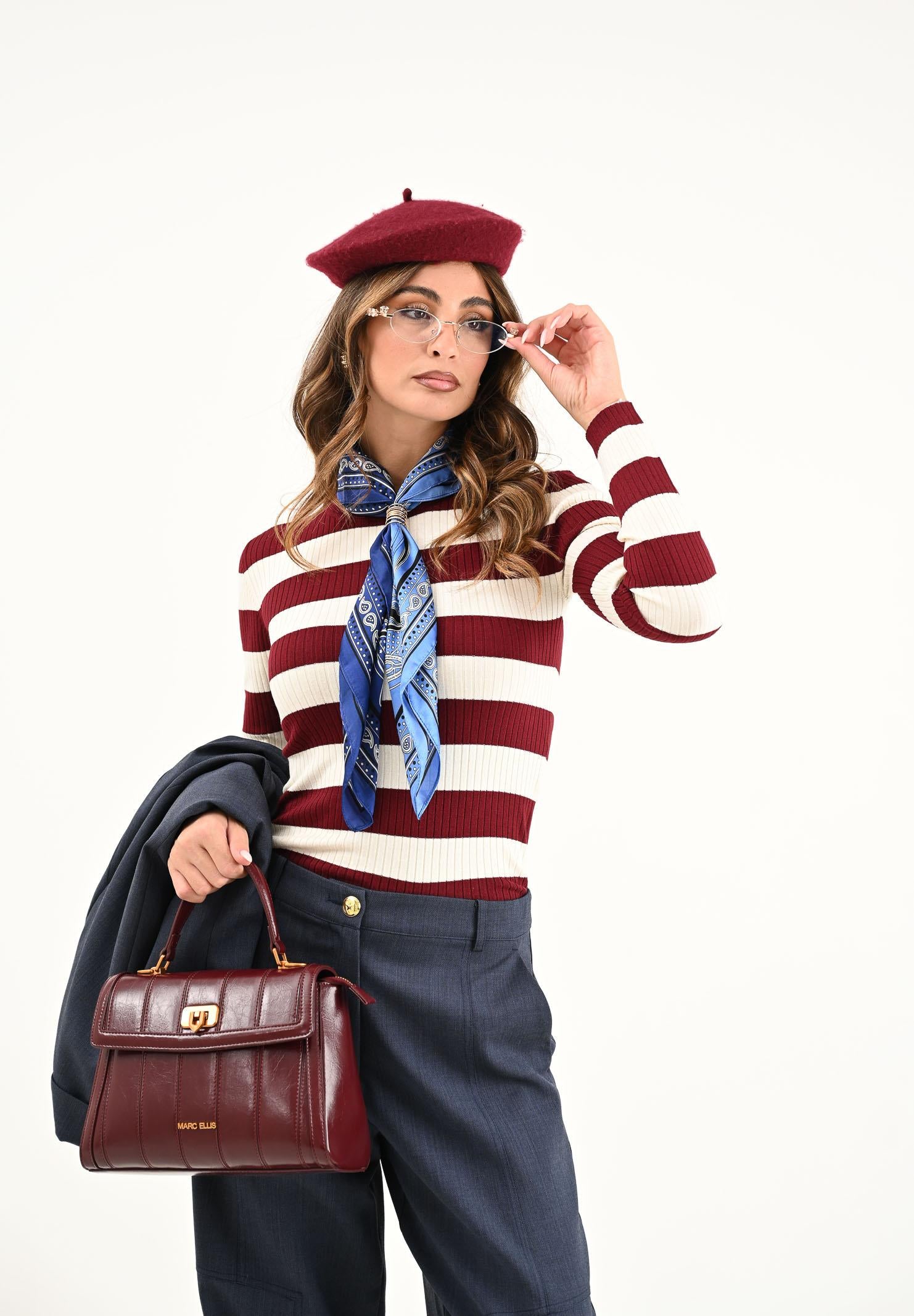 JDY Maglioncino girocollo a righe bordeaux e panna da donna 15277223 Cabernet JDY