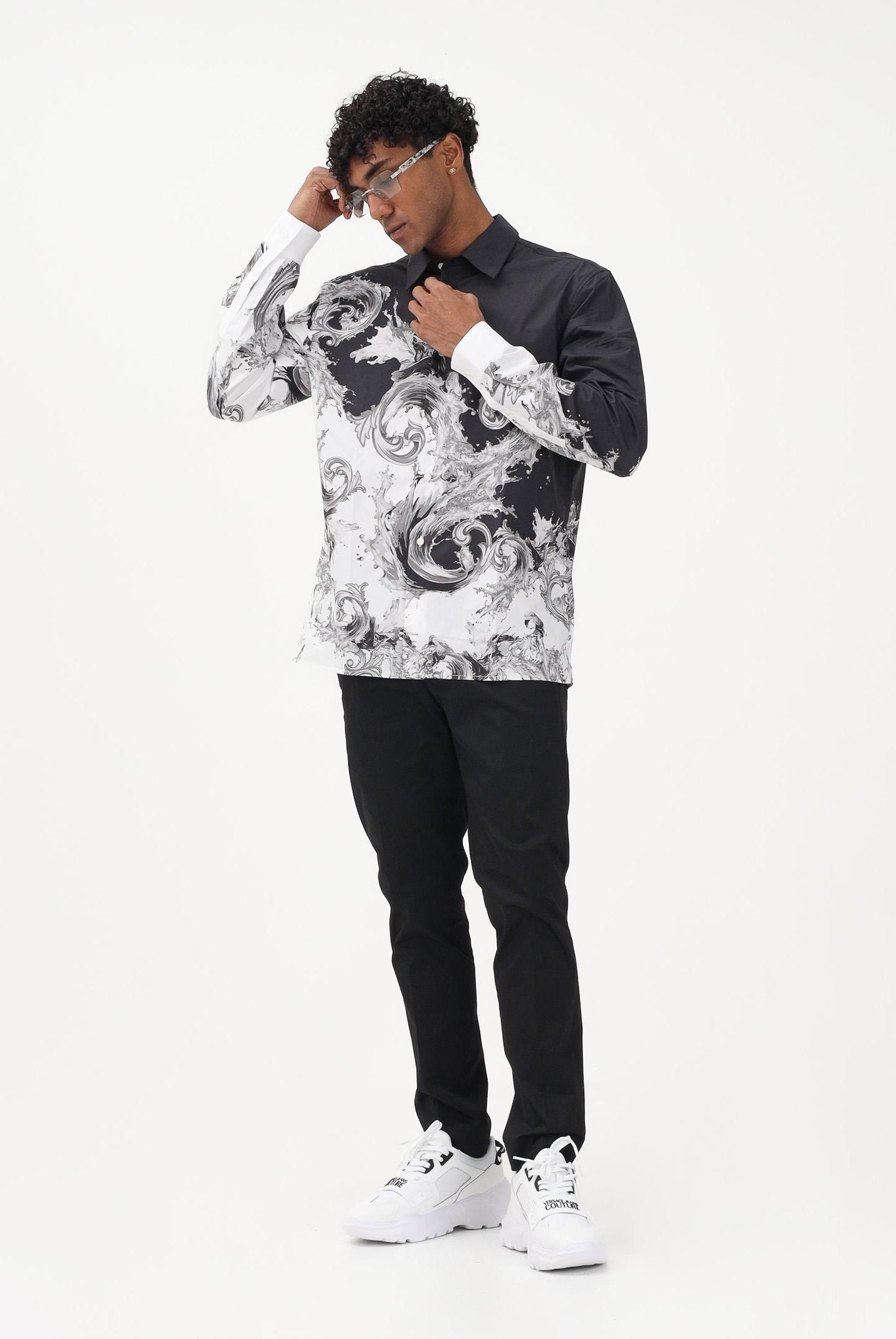 VERSACE JEANS COUTURE Camicia a manica lunga nera da uomo con stampa "Wave Couture" 80GAL2RBNS784 V22 VERSACE JEANS COUTURE