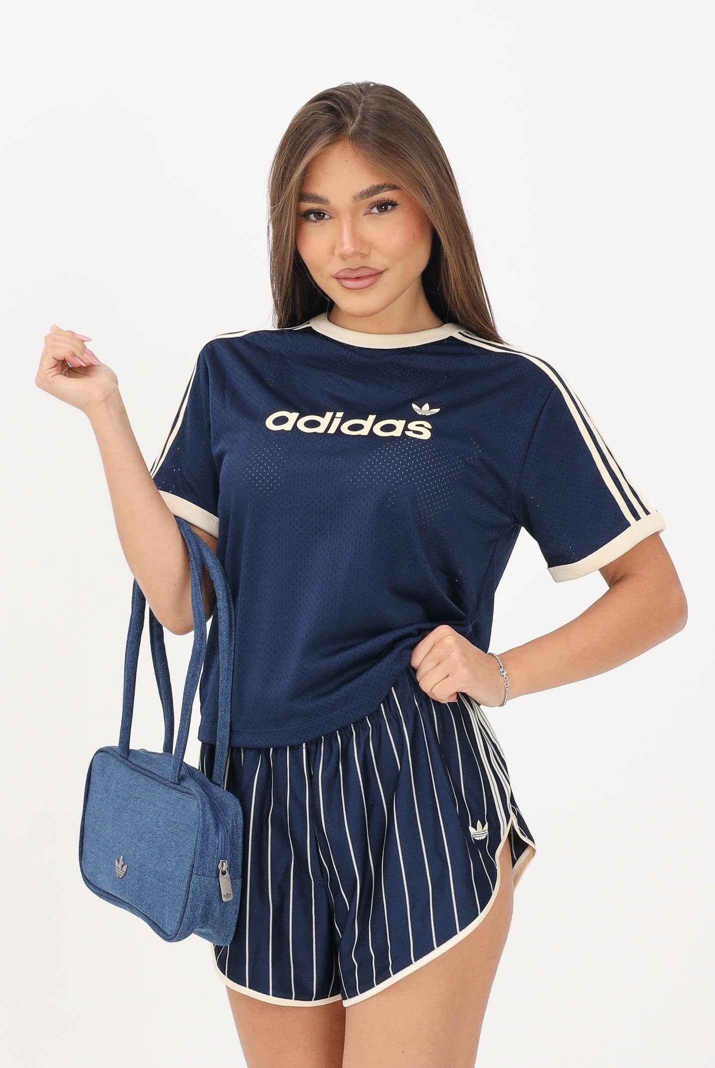 ADIDAS ORIGINALS t-shirt Lineaer in Mesh Night Indigo / Warm Vanilla blu navy e panna donna. KS9841 . ADIDAS ORIGINALS