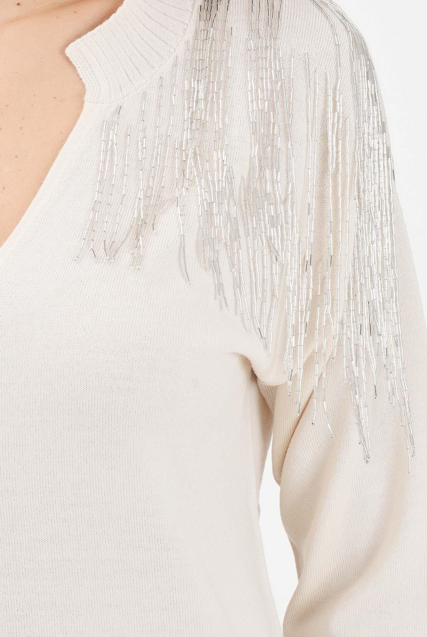 PATRIZIA PEPE Maglioncino scollo a v panna da donna con strass sulle spalle 2K0332K295 W405 PATRIZIA PEPE