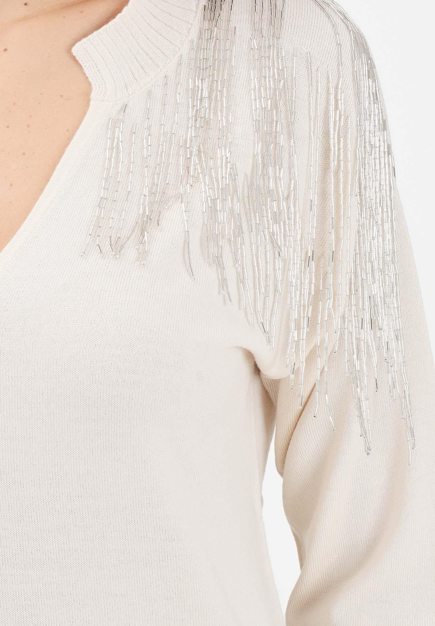 PATRIZIA PEPE Maglioncino scollo a v panna da donna con strass sulle spalle 2K0332K295 W405 PATRIZIA PEPE