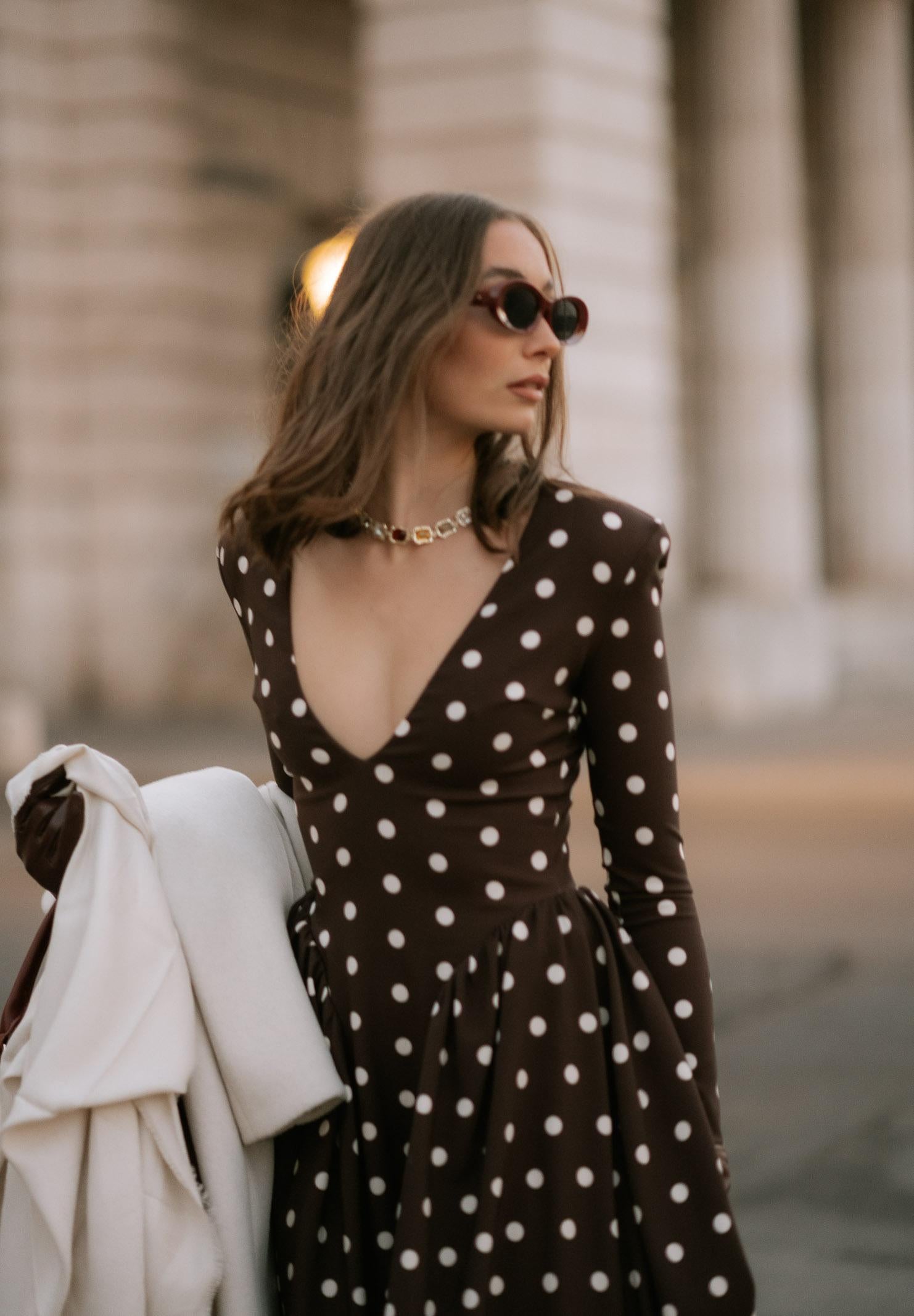 SANTAS Abito midi DOUCEUR marrone da donna con pois panna PV2603 POPA SANTAS