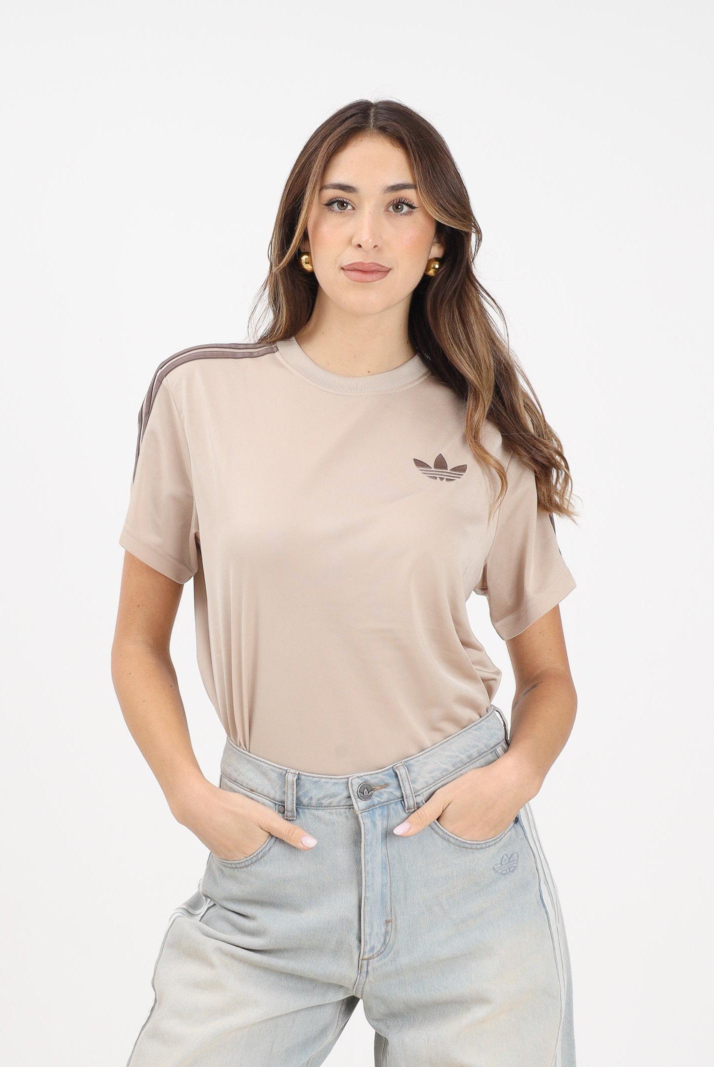 ADIDAS ORIGINALS T-shirt a manica corta beige da donna con logo KD1348 . ADIDAS ORIGINALS