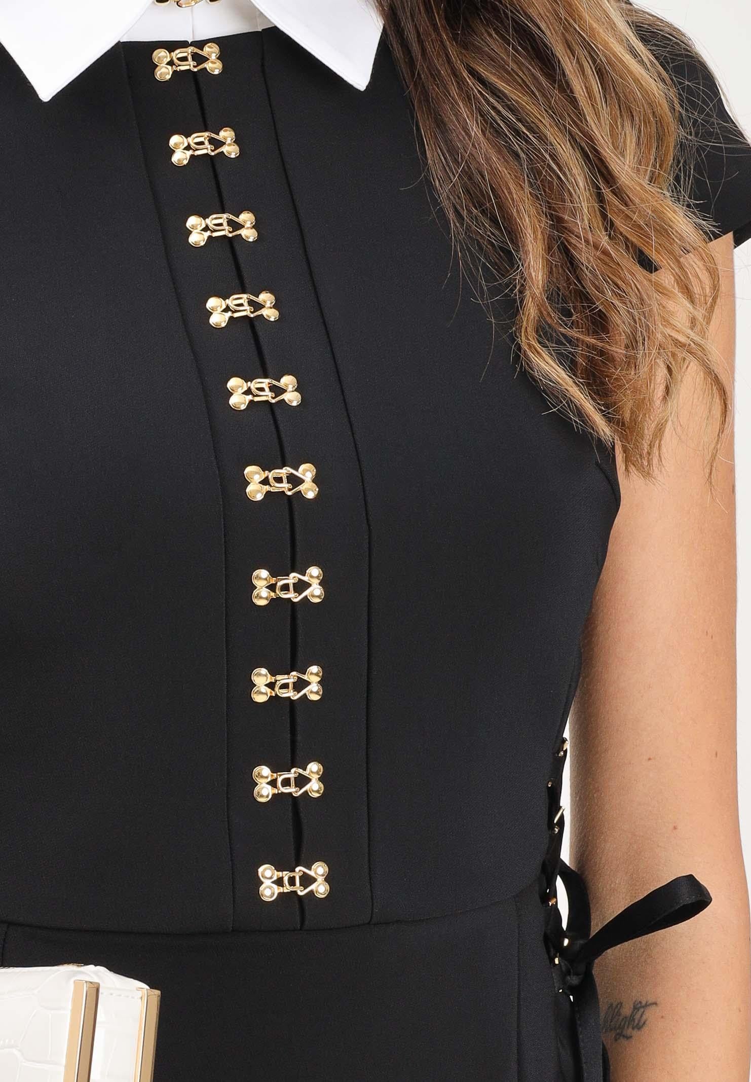 ELISABETTA FRANCHI Abito corto nero da donna in raso e popeline con ganci gioiello AB89957E2 222 ELISABETTA FRANCHI