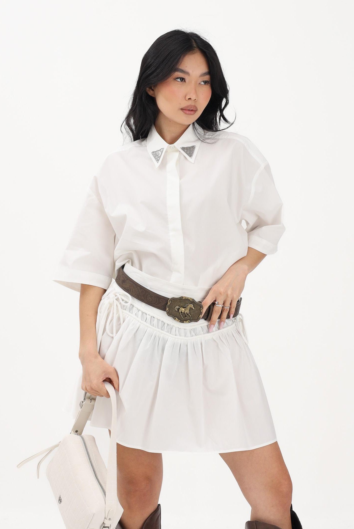 PINKO Camicia a manica corta bianca da donna con dettaglio gioiello 106826A2LD Z05 PINKO