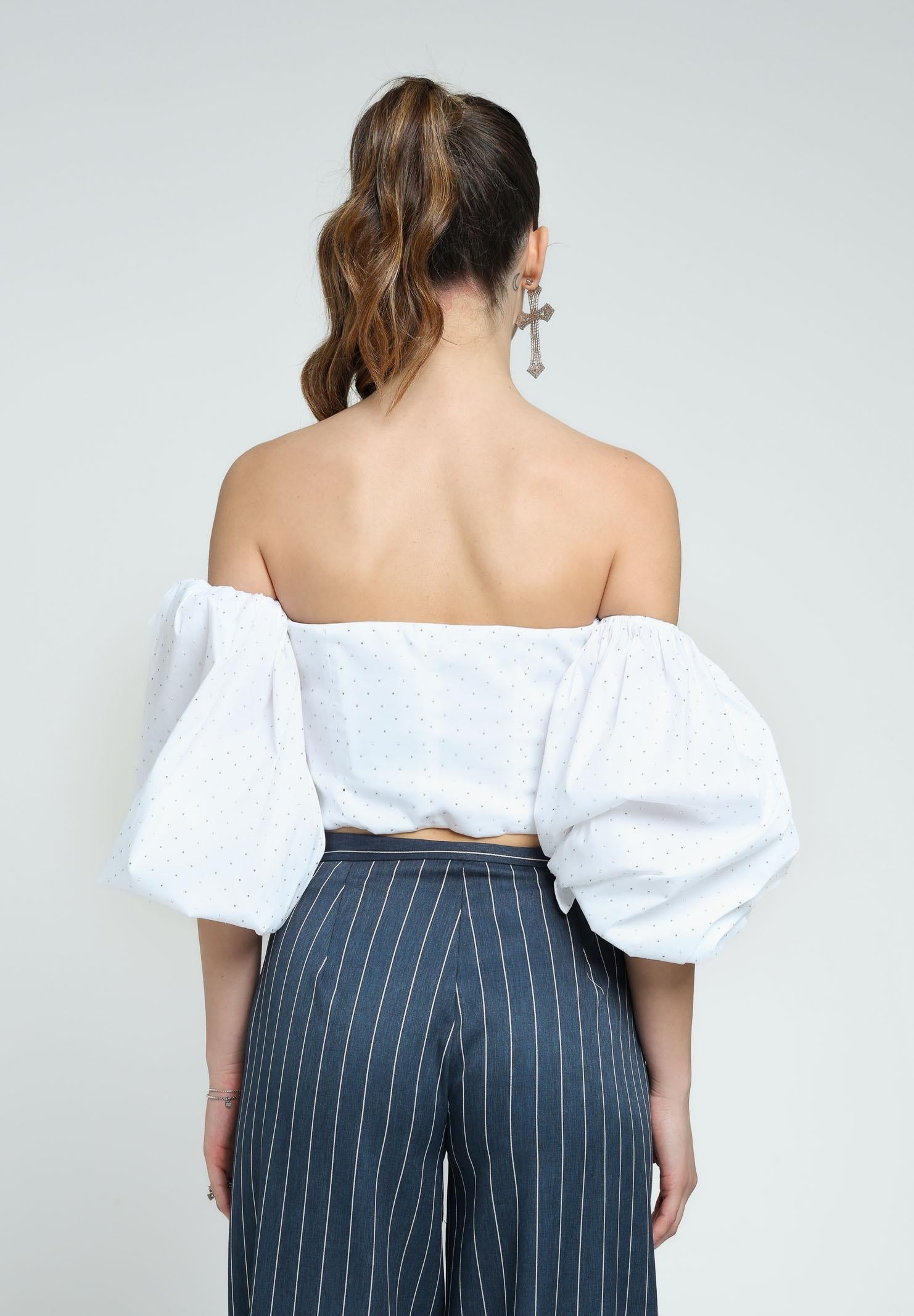 SANTAS Top elegante bianco da donna interamente ricoperto di strass PV2501 BIANCO SANTAS