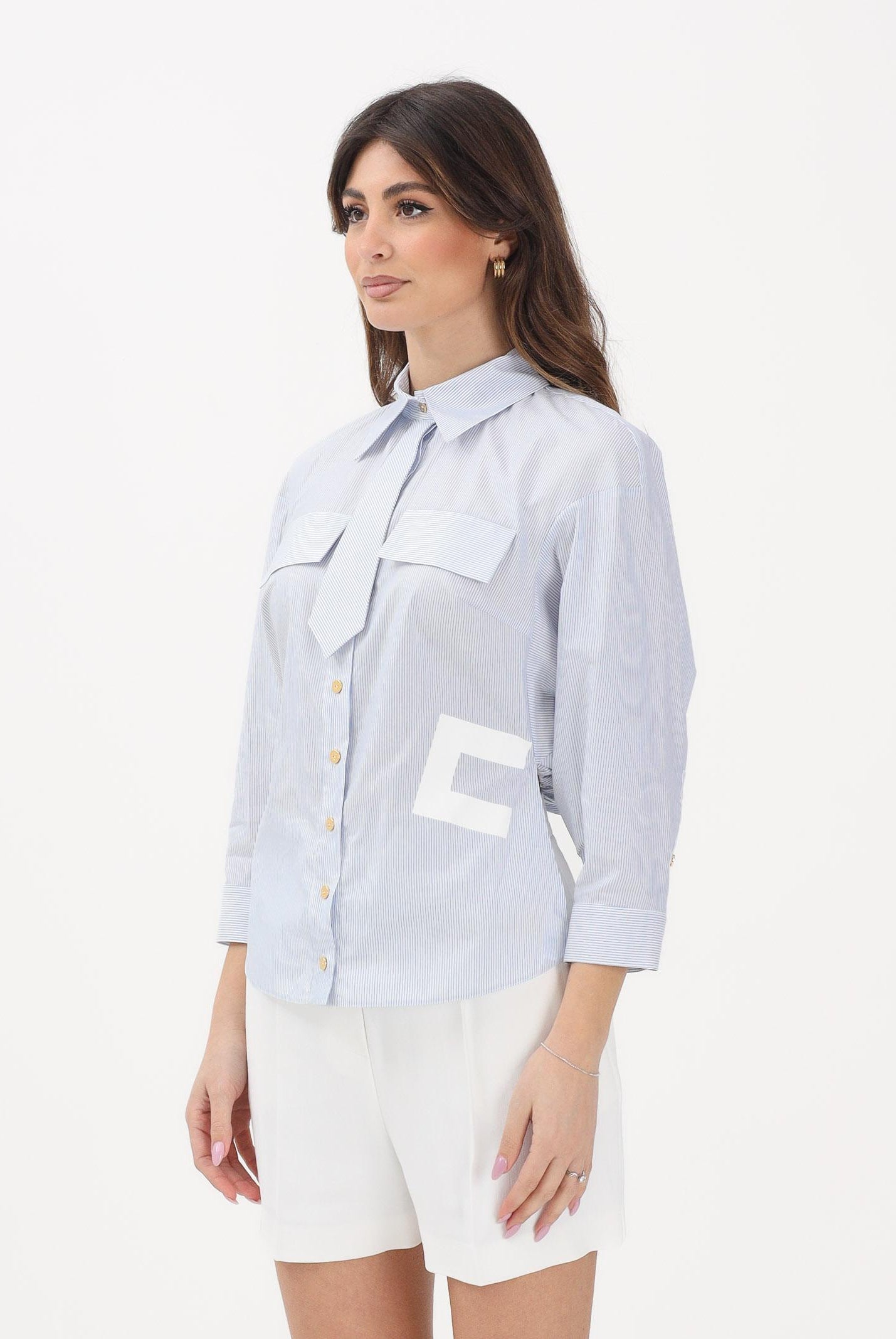 ELISABETTA FRANCHI Camicia con maniche a 3/4 bianca da donna con motivo a righe azzurre CA13261E2 019 ELISABETTA FRANCHI