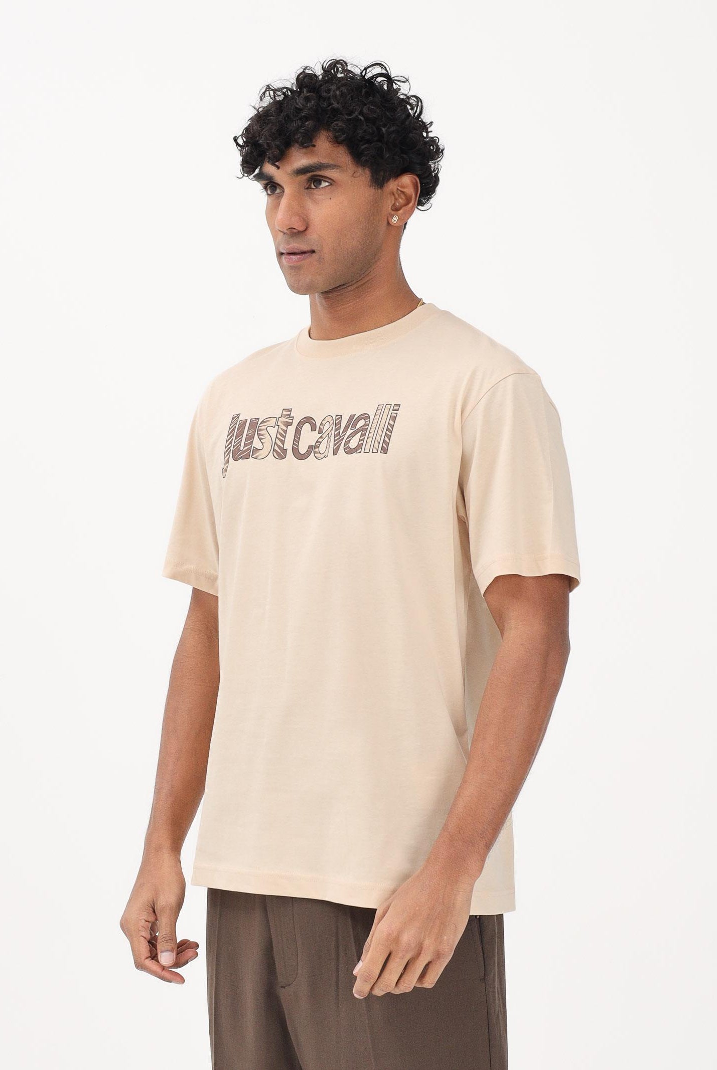 JUST CAVALLI T-shirt a manica corta beige da uomo con logo 80OAHT03CJ500 774 JUST CAVALLI