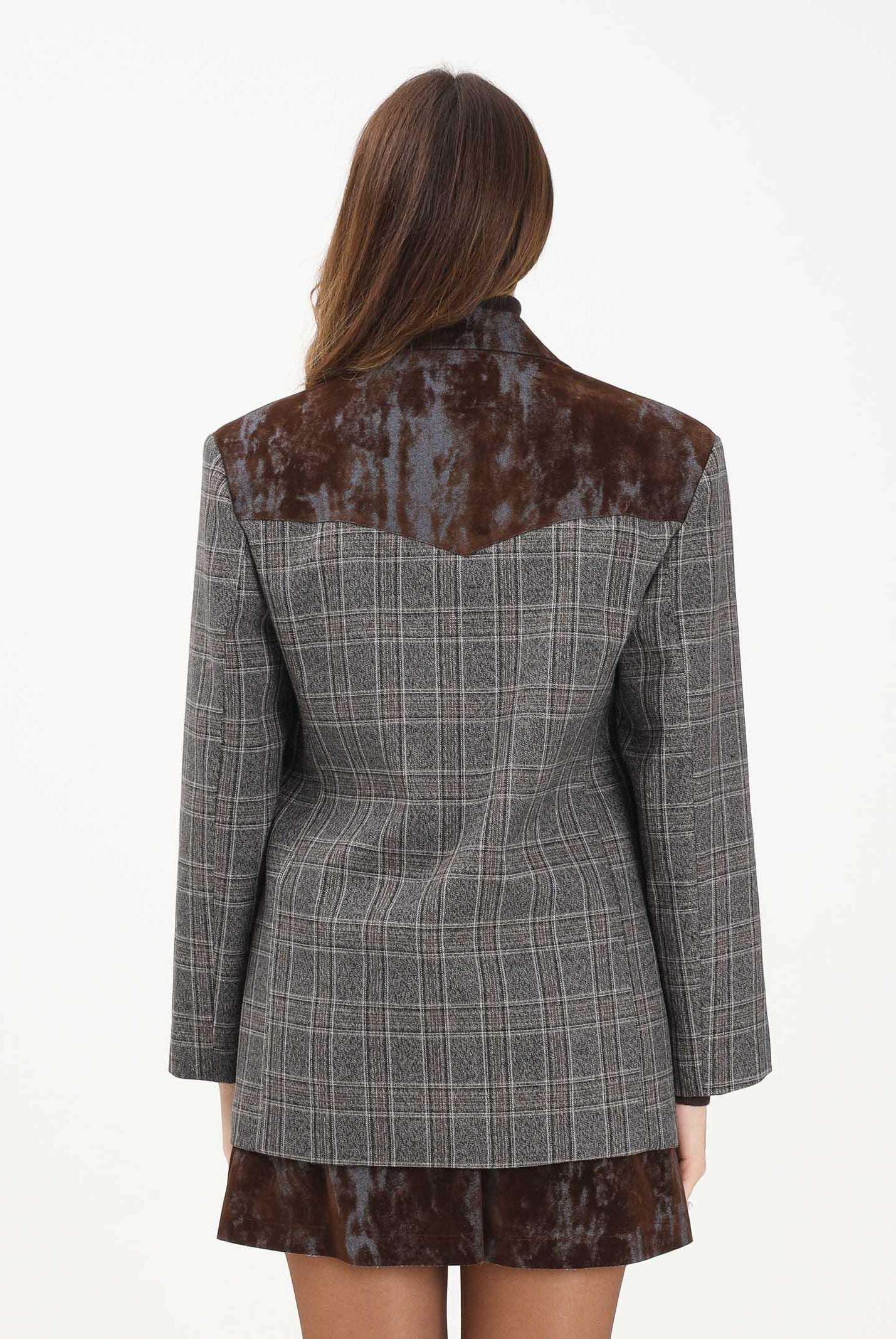 VICOLO Giacca doppiopetto da donna realizzata in tessuto a quadri principe di Galles nei toni del grigio e marrone TF1750 PR VICOLO