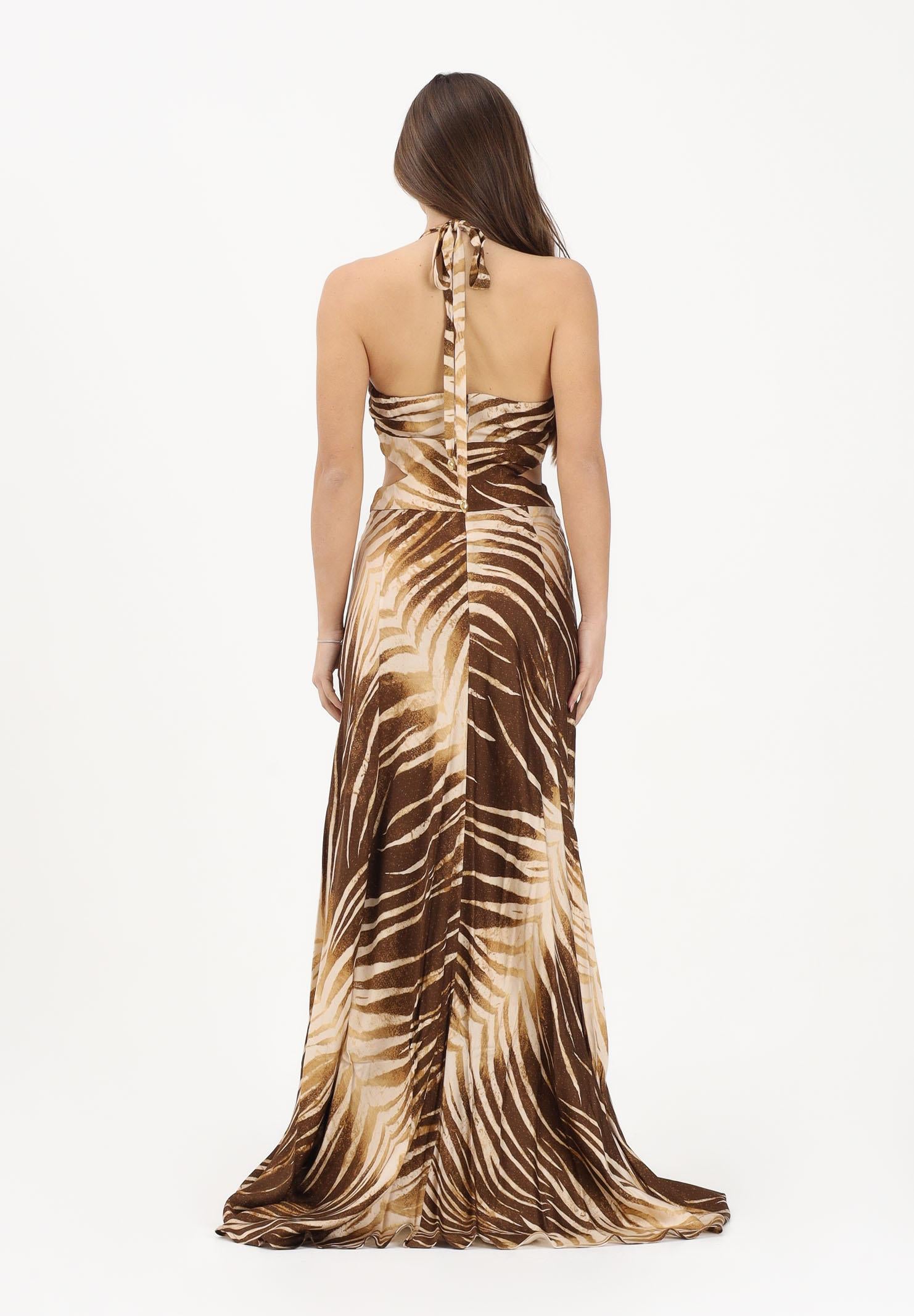 JUST CAVALLI Abito lungo beige e marrone da donna con stampa di foglie 80PAO919NS819 751 JUST CAVALLI