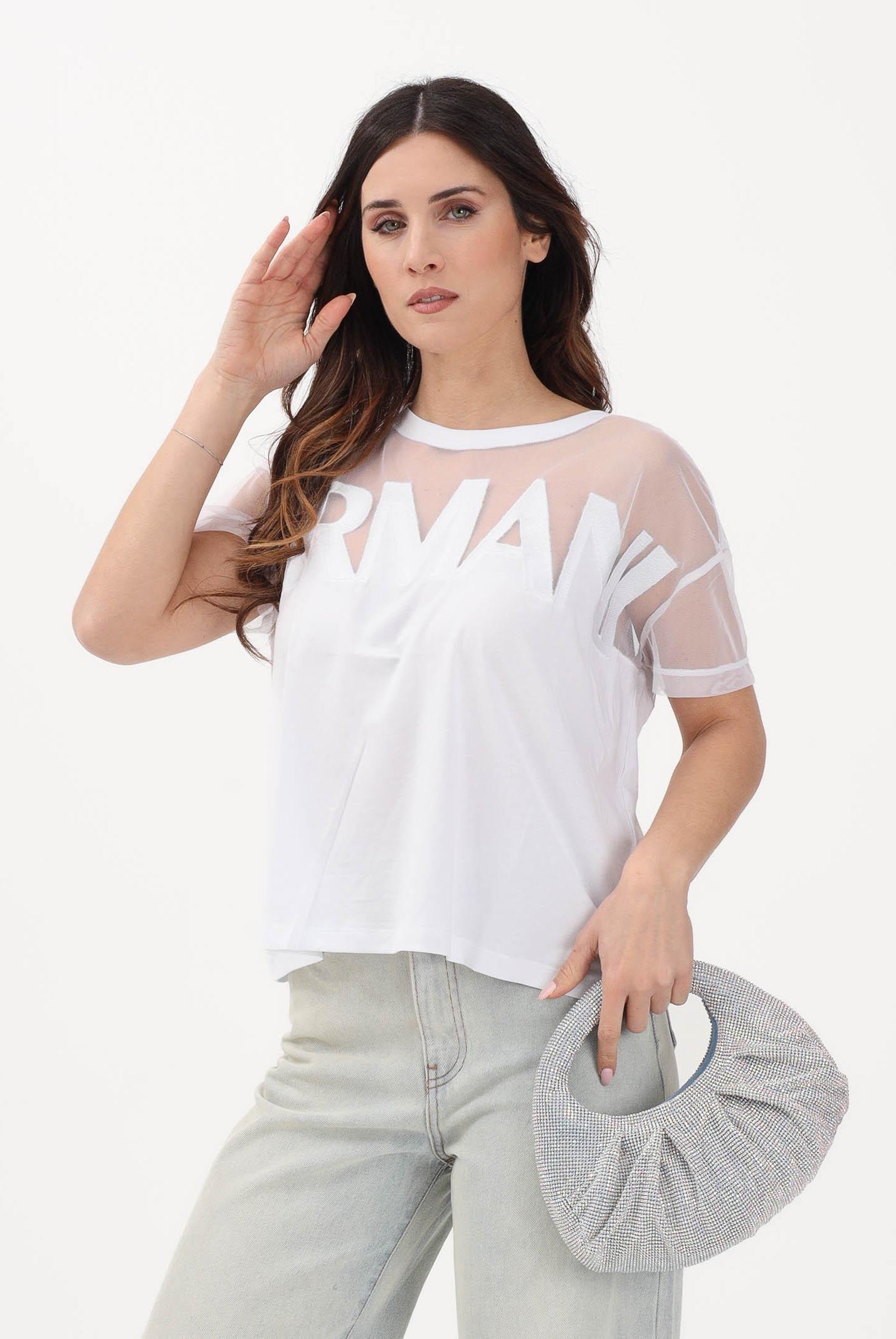 ARMANI EXCHANGE T-shirt a manica corta bianca da donna con inserto in tulle trasparente XW002332AF10356 U0002 ARMANI EXCHANGE