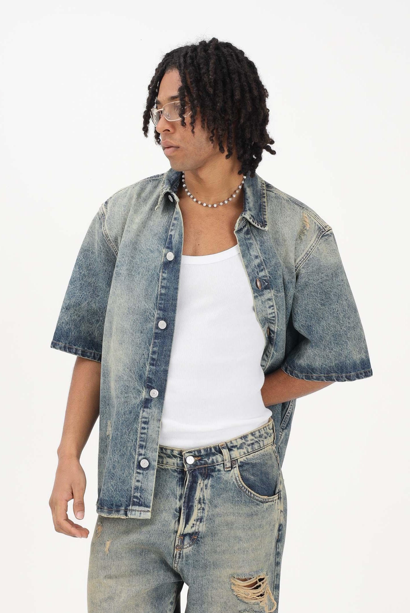 I'M BRIAN Camicia a manica corta in denim sabbiato da uomo CA3653 0028 I'M BRIAN