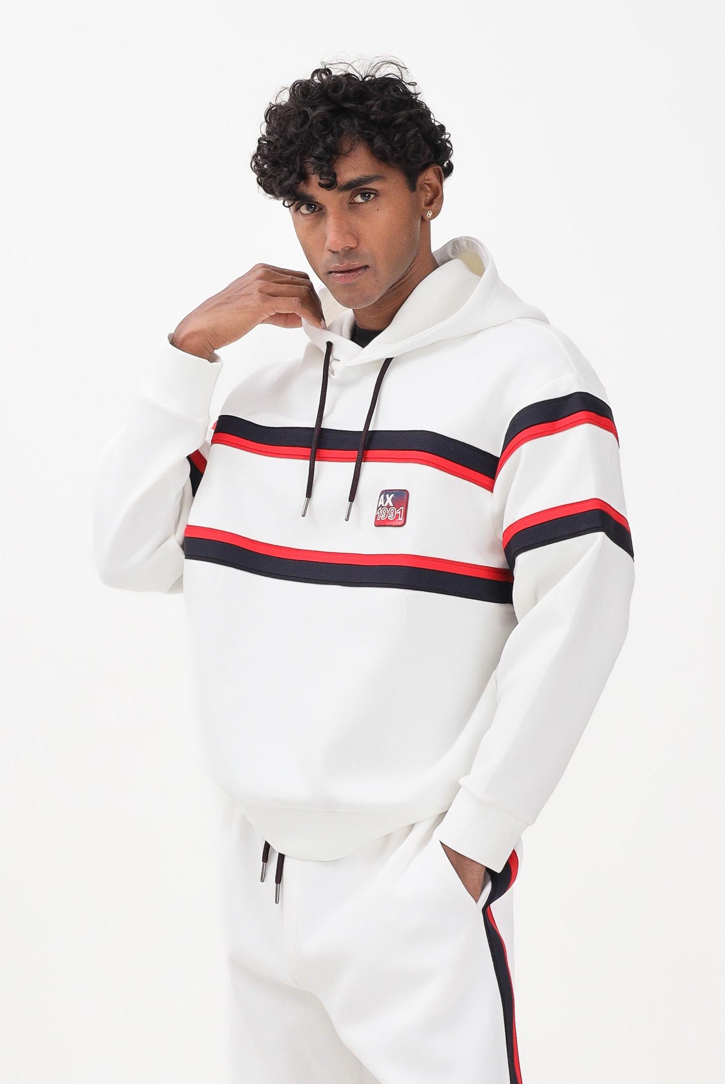 ARMANI EXCHANGE Felpa con cappuccio bianca da uomo caratterizzata da righe a contrasto XM001398AF13047 U0009 ARMANI EXCHANGE