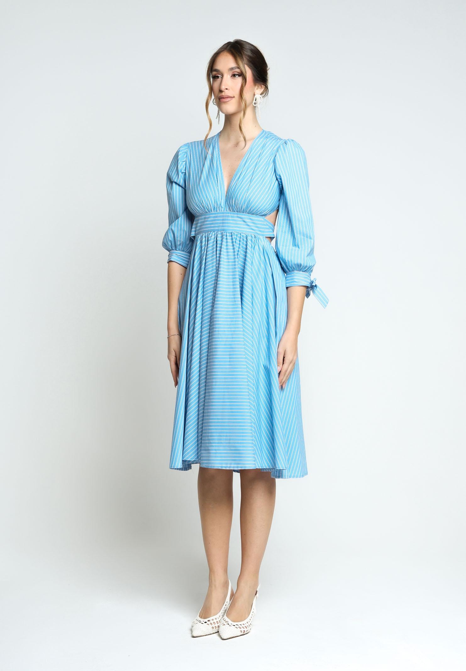 SANTAS Abito midi TIRAMISU' celeste da donna con stampa a righe PV25023 CELESTE SANTAS