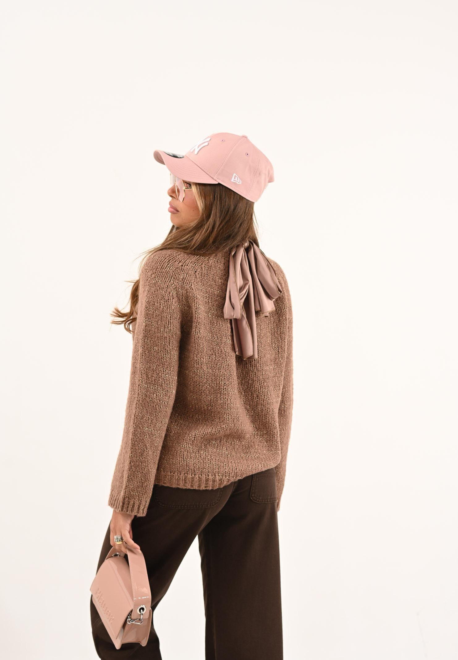 ONLY Maglioncino girocollo marrone da donna con fiocco sul retro 15353235 CocoaCrÈme ONLY