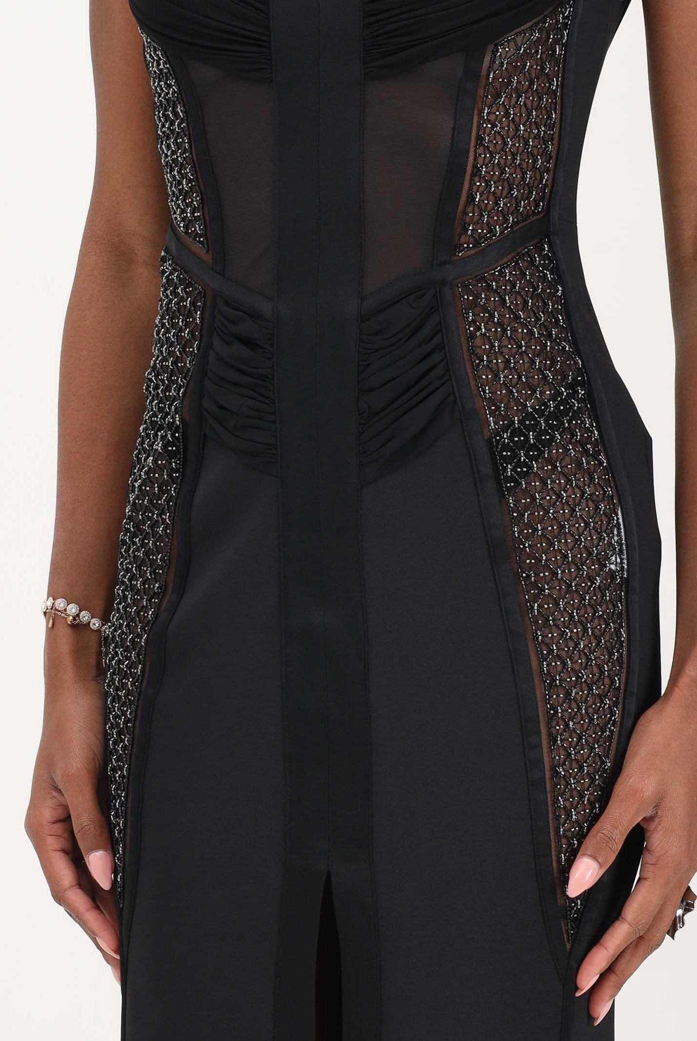 ELISABETTA FRANCHI Abito lungo nero da donna con inserti in rete trasparente ABR4362E2 110 ELISABETTA FRANCHI