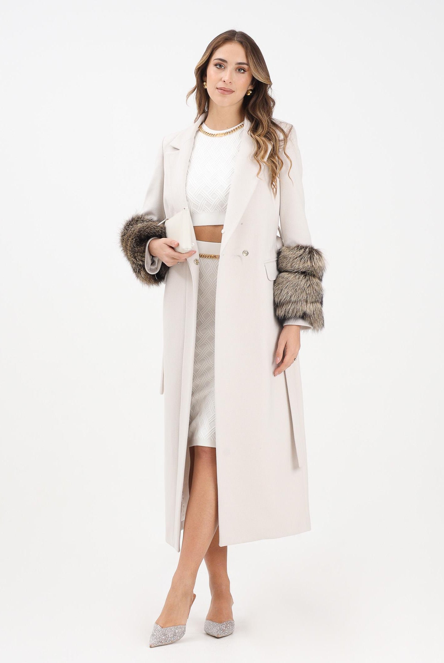 YES LONDON Cappotto gesso da donna con dettagli in vera pelliccia di volpe CD1229 GE YES LONDON