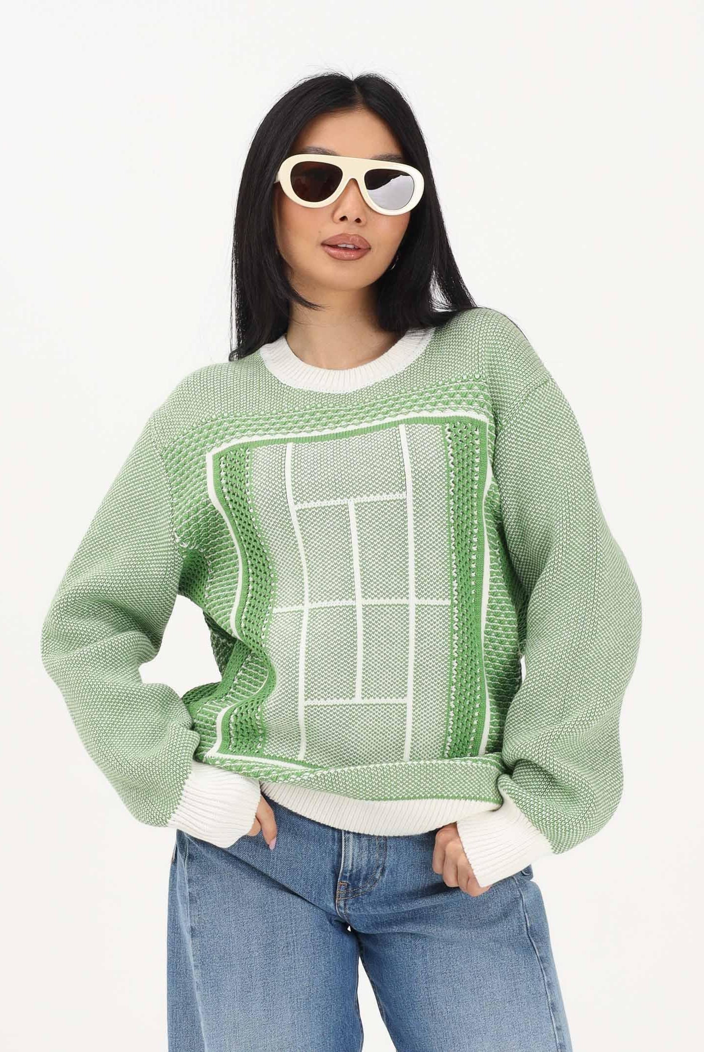 LACOSTE Maglione girocollo bianco e verde per uomo e donna con grafica campo da tennis AH0619 4SI LACOSTE