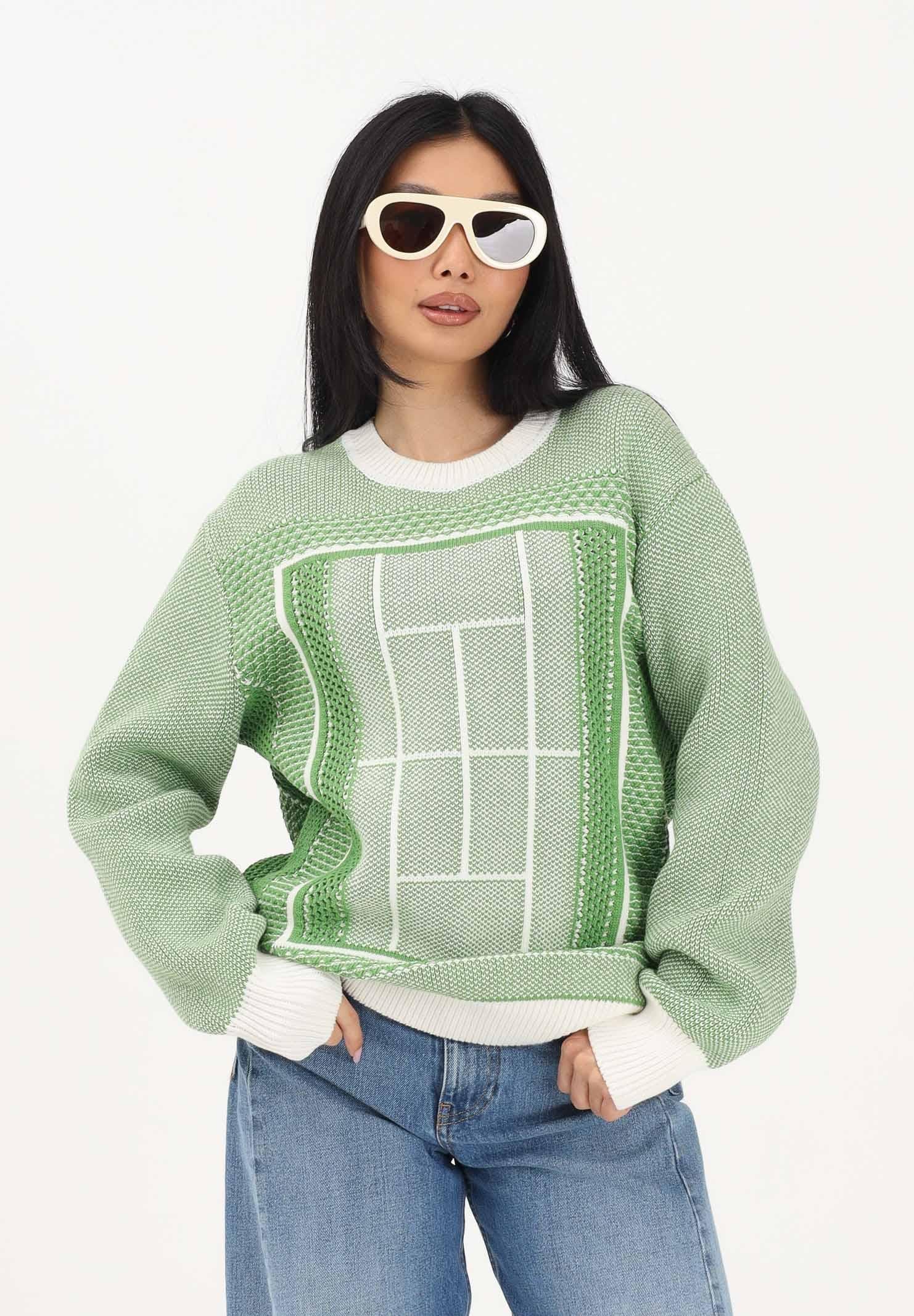 LACOSTE Maglione girocollo bianco e verde per uomo e donna con grafica campo da tennis AH0619 4SI LACOSTE