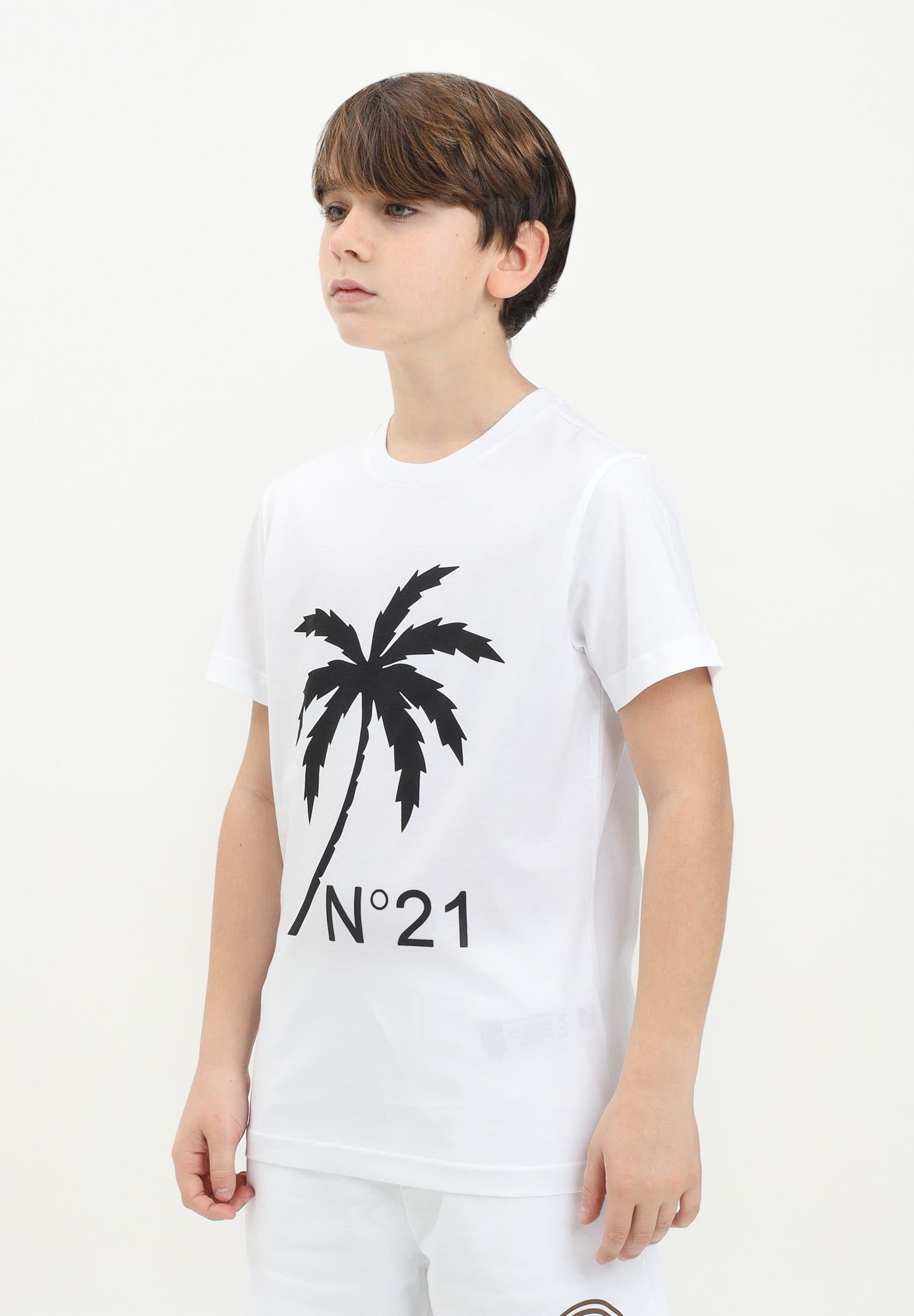 N21 T-shirt a manica corta bianca per donna, ragazzi e bambini con grafica palm tree e logo N2104GN0080 0N100 N21