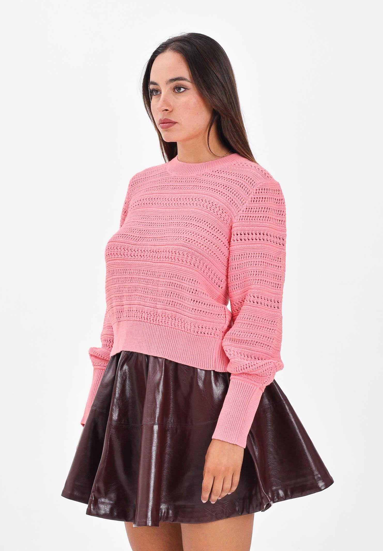 AKEP Maglia girocollo rosa blush da donna con lavorazione a righe traforate MGKD11064 V1 AKEP