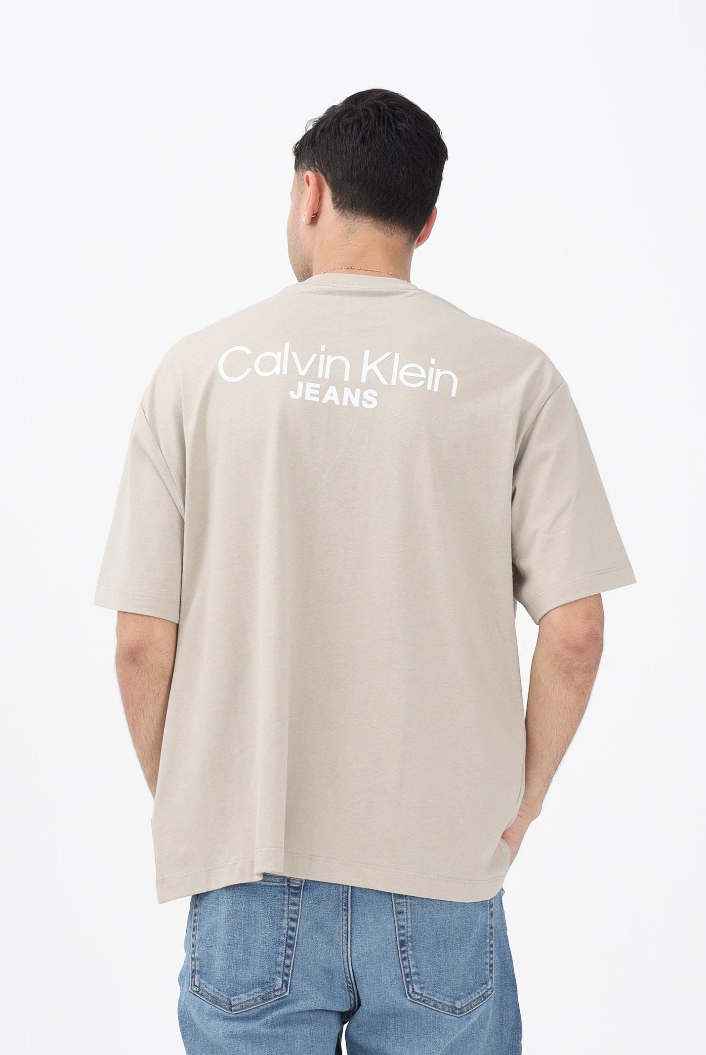 CALVIN KLEIN JEANS T-shirt a manica corta beige da uomo con stampa logo sul retro LV04RD825G2F3 . CALVIN KLEIN JEANS