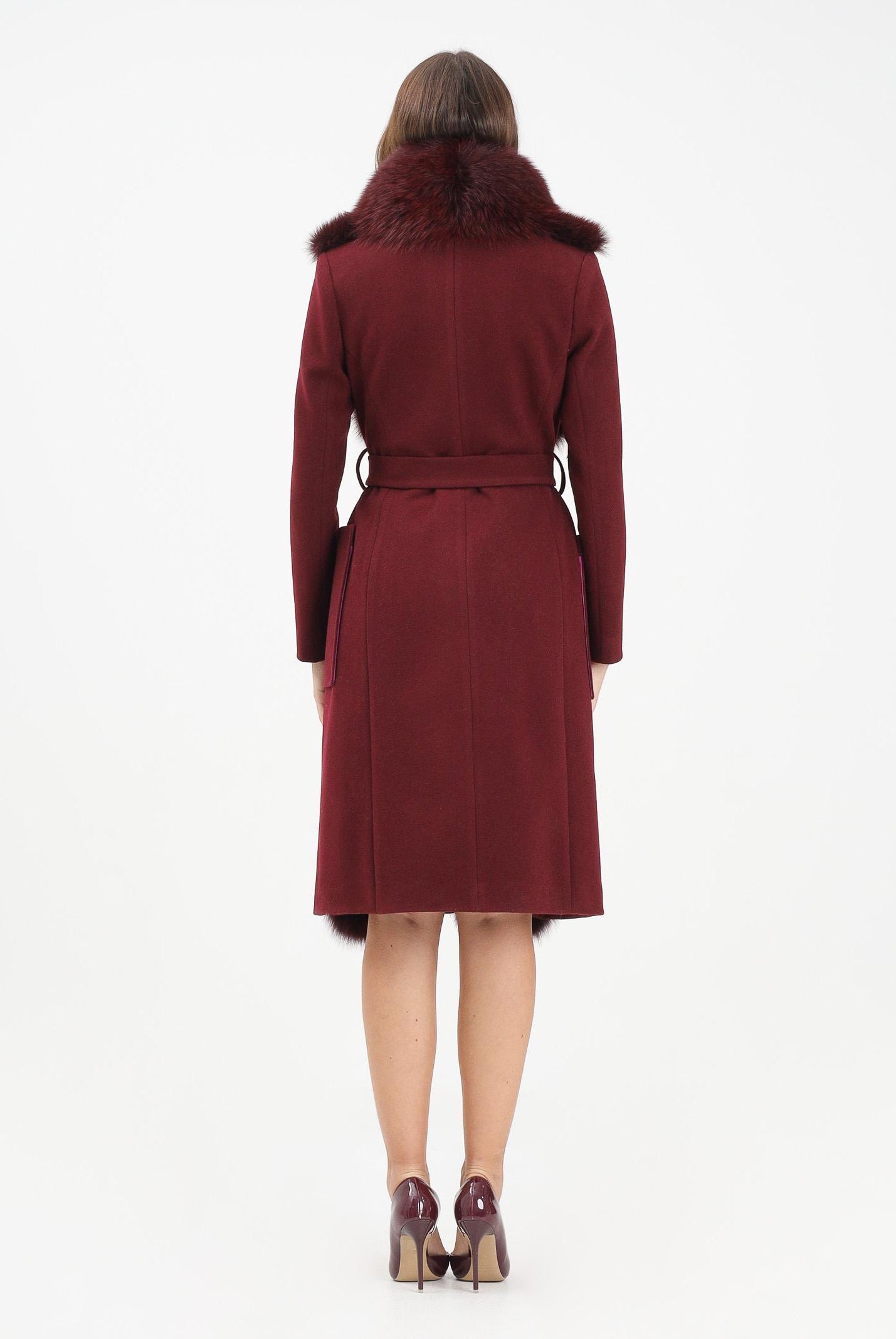 YES LONDON Cappotto bordeaux da donna con dettagli in vera pelliccia di volpe CD1207 BDX YES LONDON