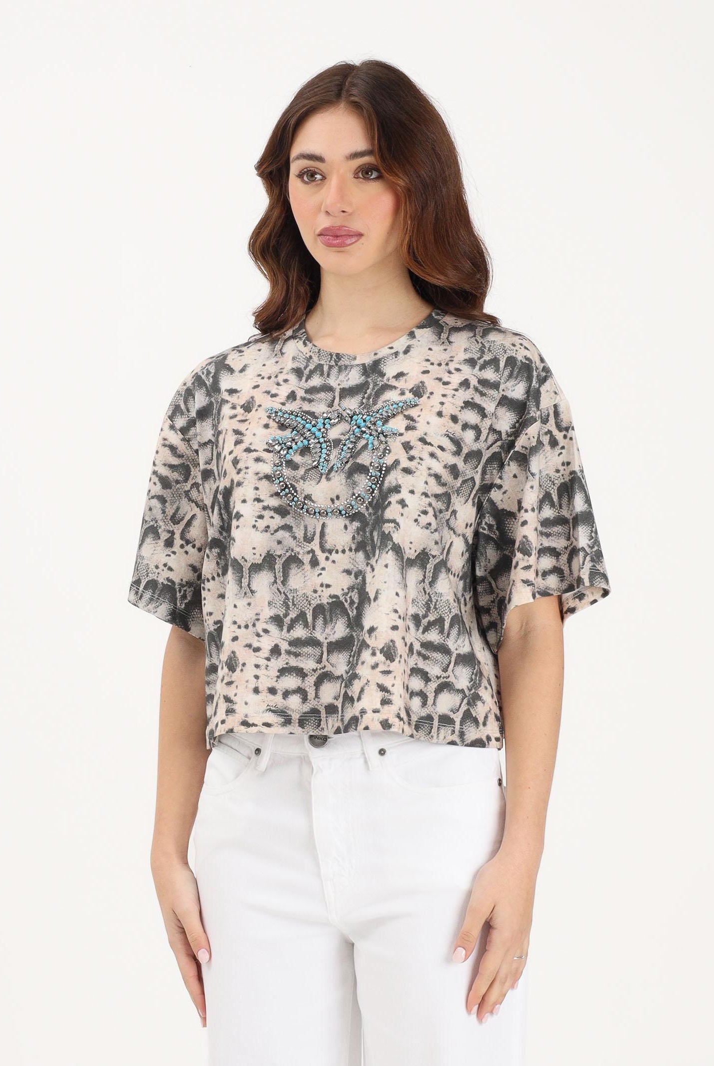 PINKO T-shirt a manica corta beige da donna con fantasia pitonata e logo 106921A3C8 CZ9 PINKO