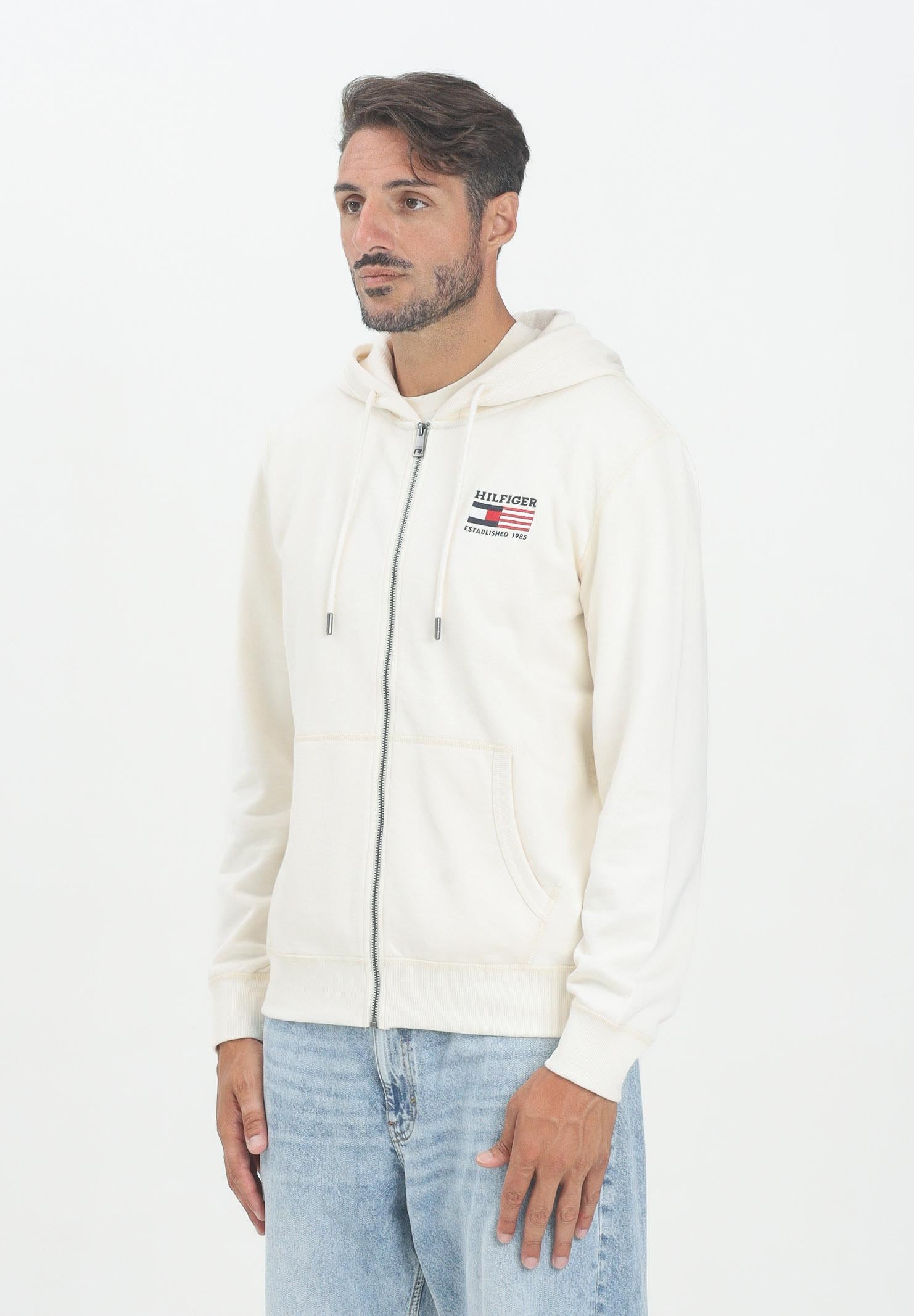 TOMMY HILFIGER Felpa con zip panna da uomo rifinita da logo MW0MW39691Z00 TOMMY HILFIGER