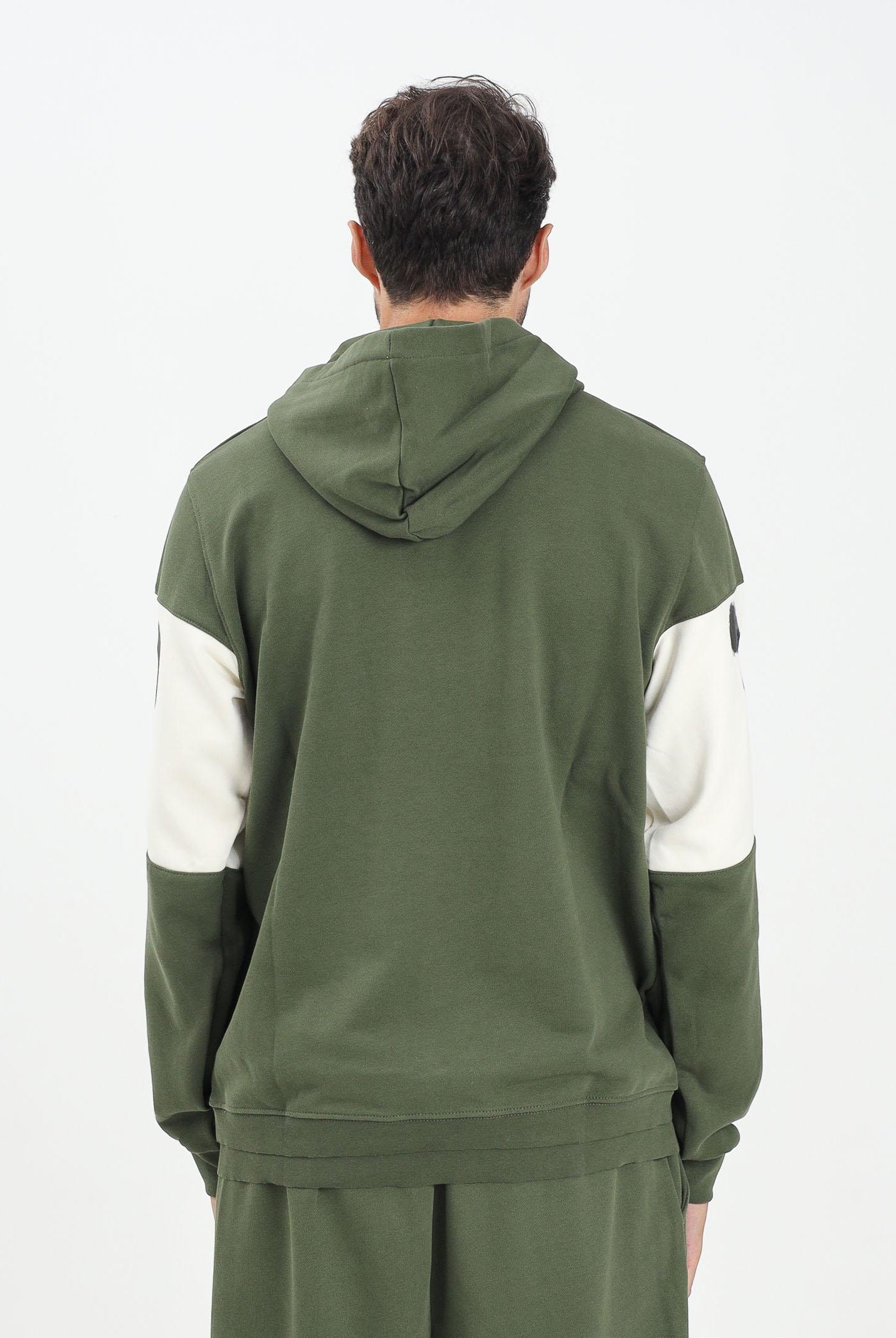 DISCLAIMER Felpa con cappuccio verde da uomo rifinita da inserto panna con logo 25IDS55362 VELA DISCLAIMER