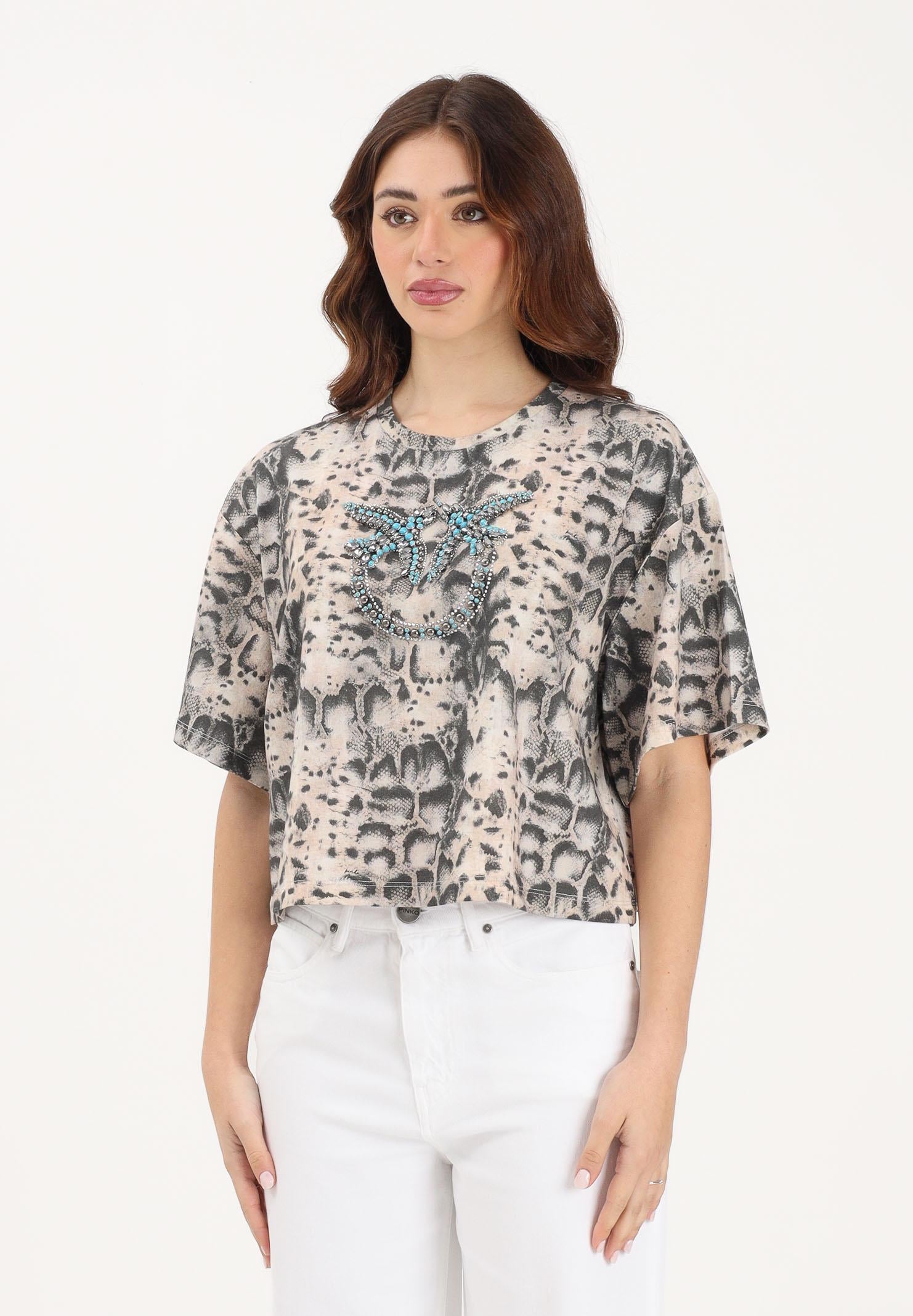 PINKO T-shirt a manica corta beige da donna con fantasia pitonata e logo 106921A3C8 CZ9 PINKO