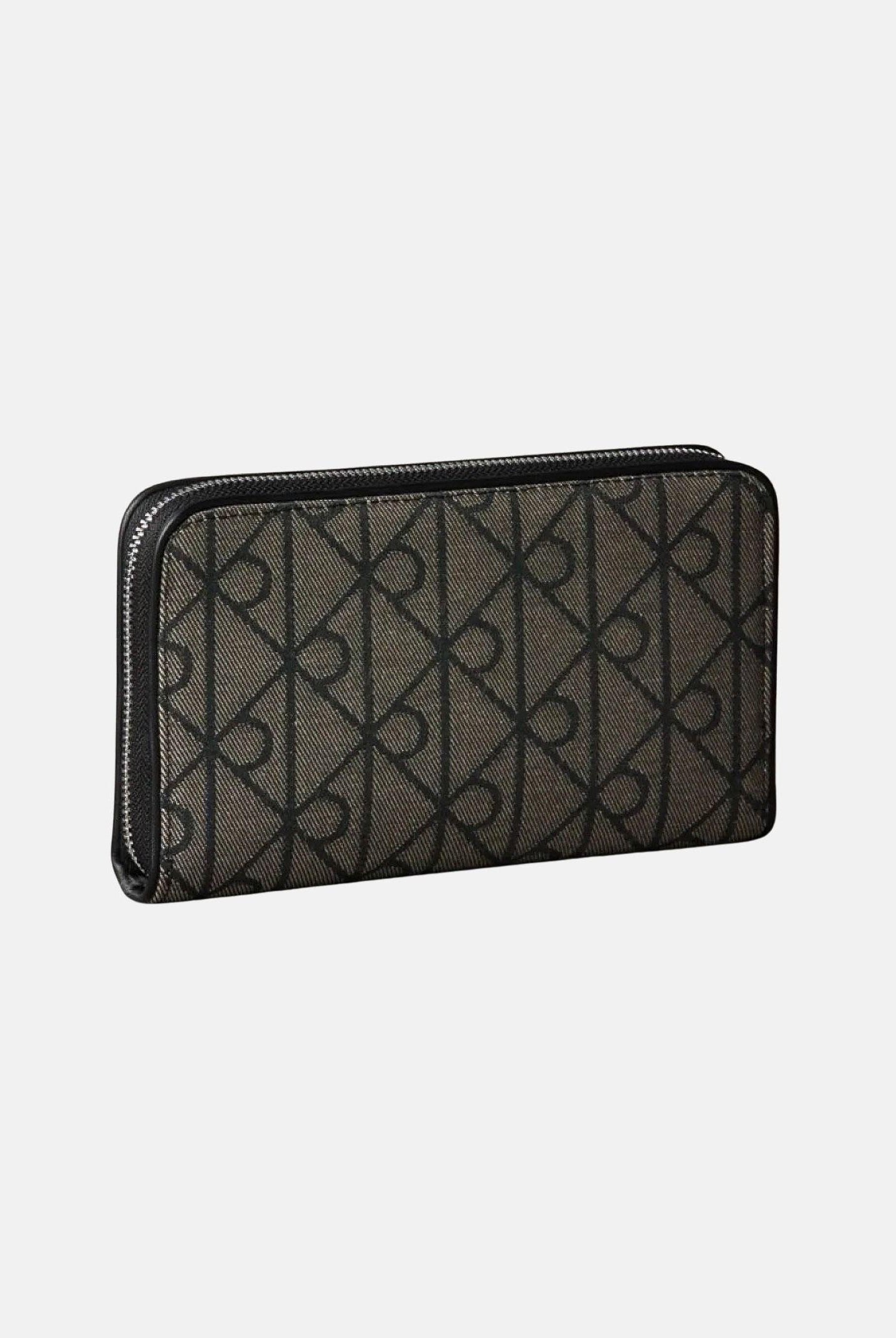 CALVIN KLEIN portafogli zip around con motivo monogram, colore Lotus Beige-Black, beige e nero, donna. LV04F1163G 7UL CALVIN KLEIN
