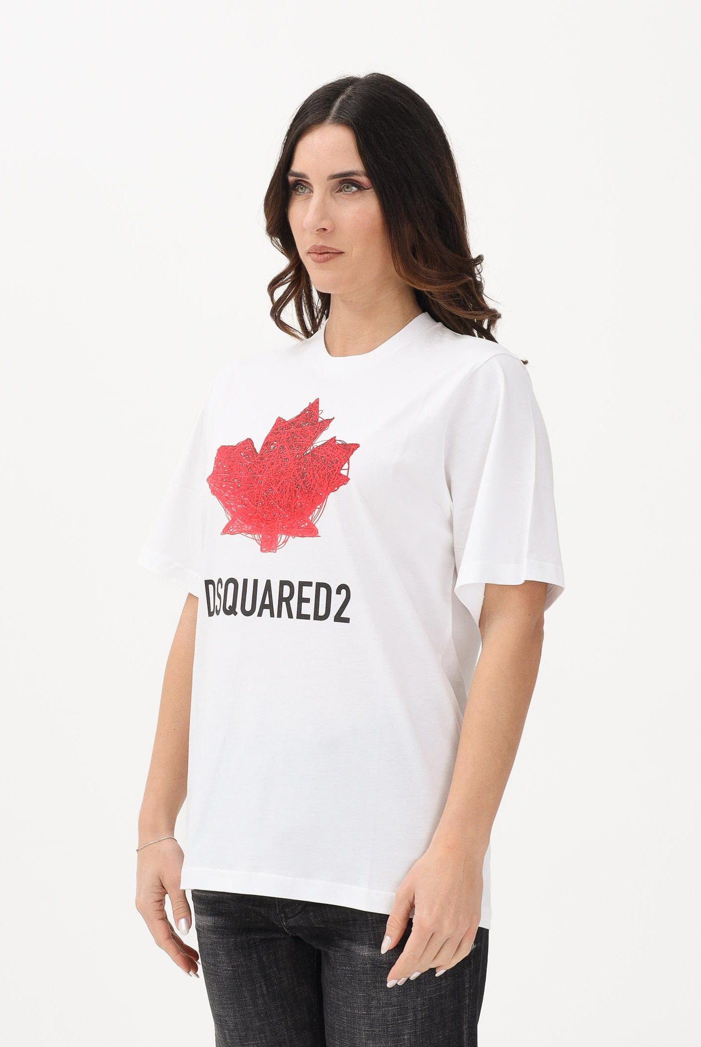 DSQUARED2 T-shirt a manica corta bianca per donna, ragazzi e bambini con logo e maxi foglia d'acero DQ3176D00XM DQ100 DSQUARED2