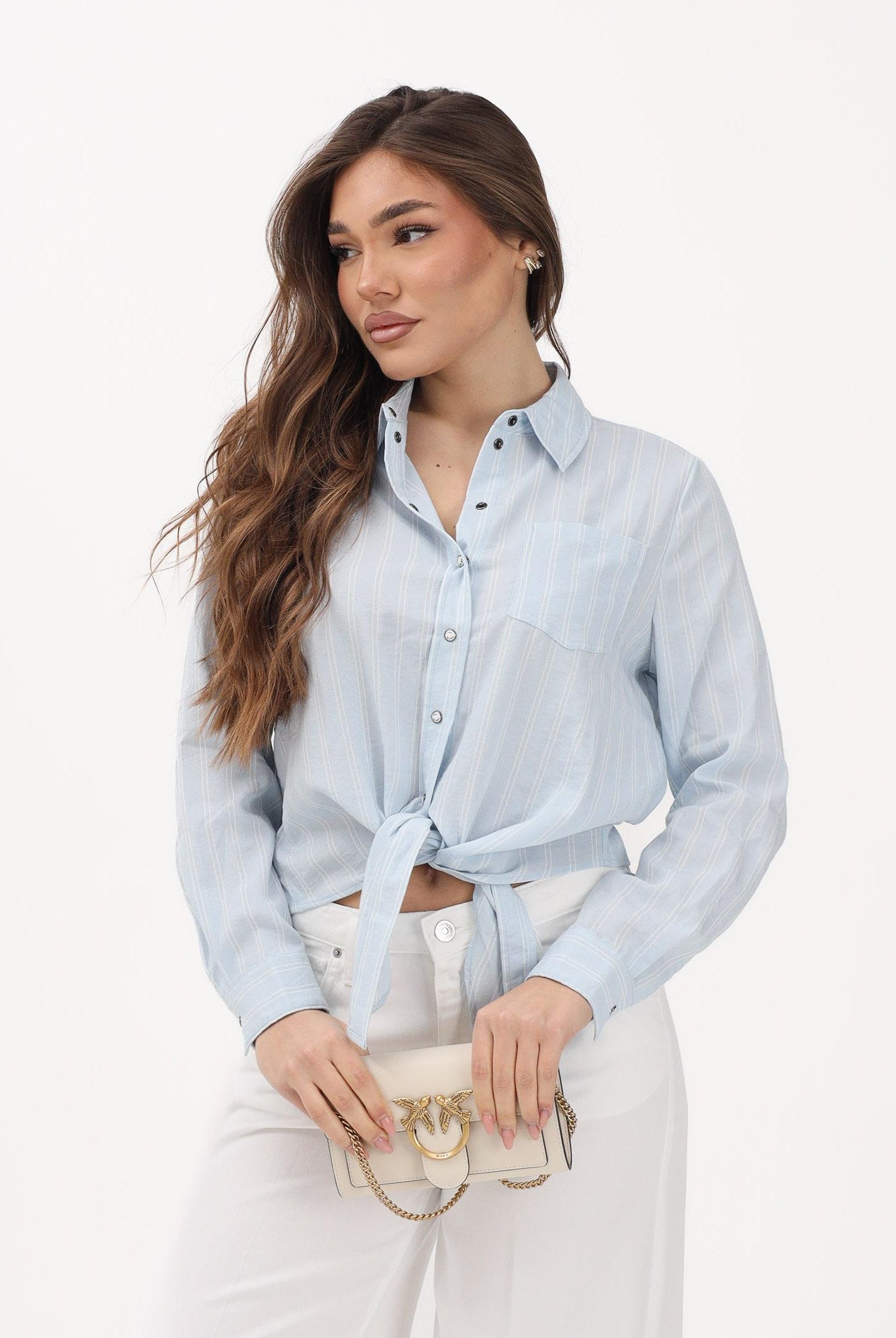 ONLY Camicia a manica lunga azzurra da donna con sottili righe e taschino 15195910 CEBR ONLY