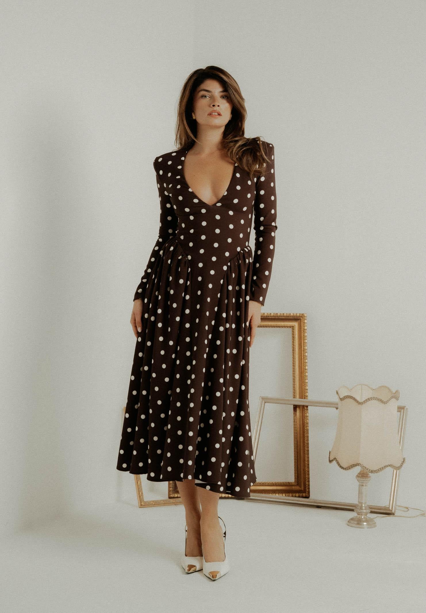 SANTAS Abito midi DOUCEUR marrone da donna con pois panna PV2603 POPA SANTAS