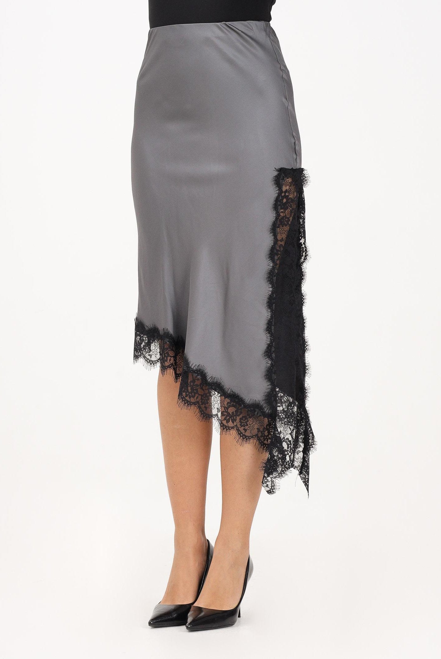 VICOLO Gonna midi grigia da donna con profilo in pizzo nero TF0995 NE VICOLO