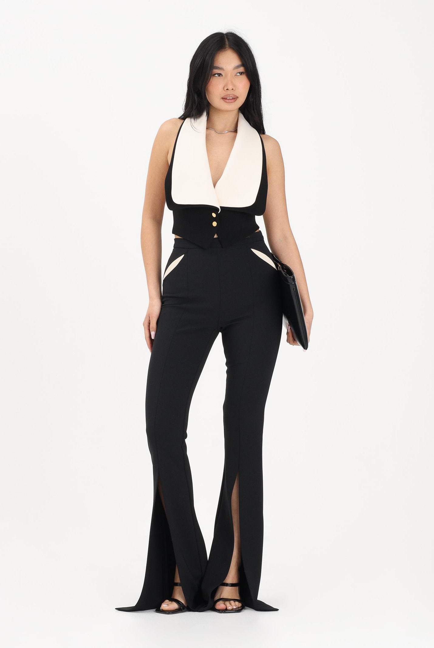 ELISABETTA FRANCHI Pantalone elegante nero da donna con cut-out e spacchi PA15961E2 685 ELISABETTA FRANCHI