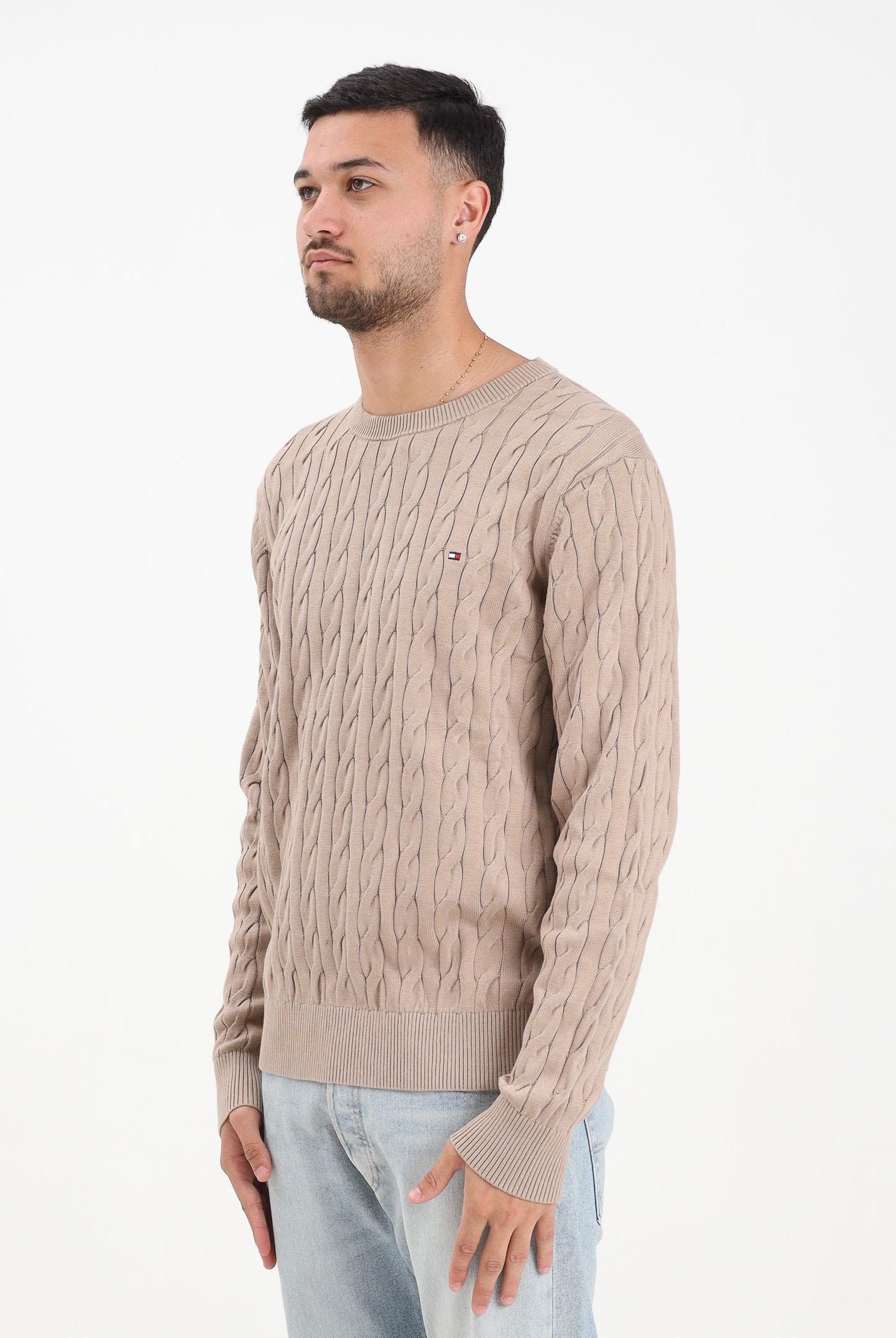 TOMMY HILFIGER Maglioncino girocollo beige da uomo con ricamo bandierina MW0MW33132AFE TOMMY HILFIGER