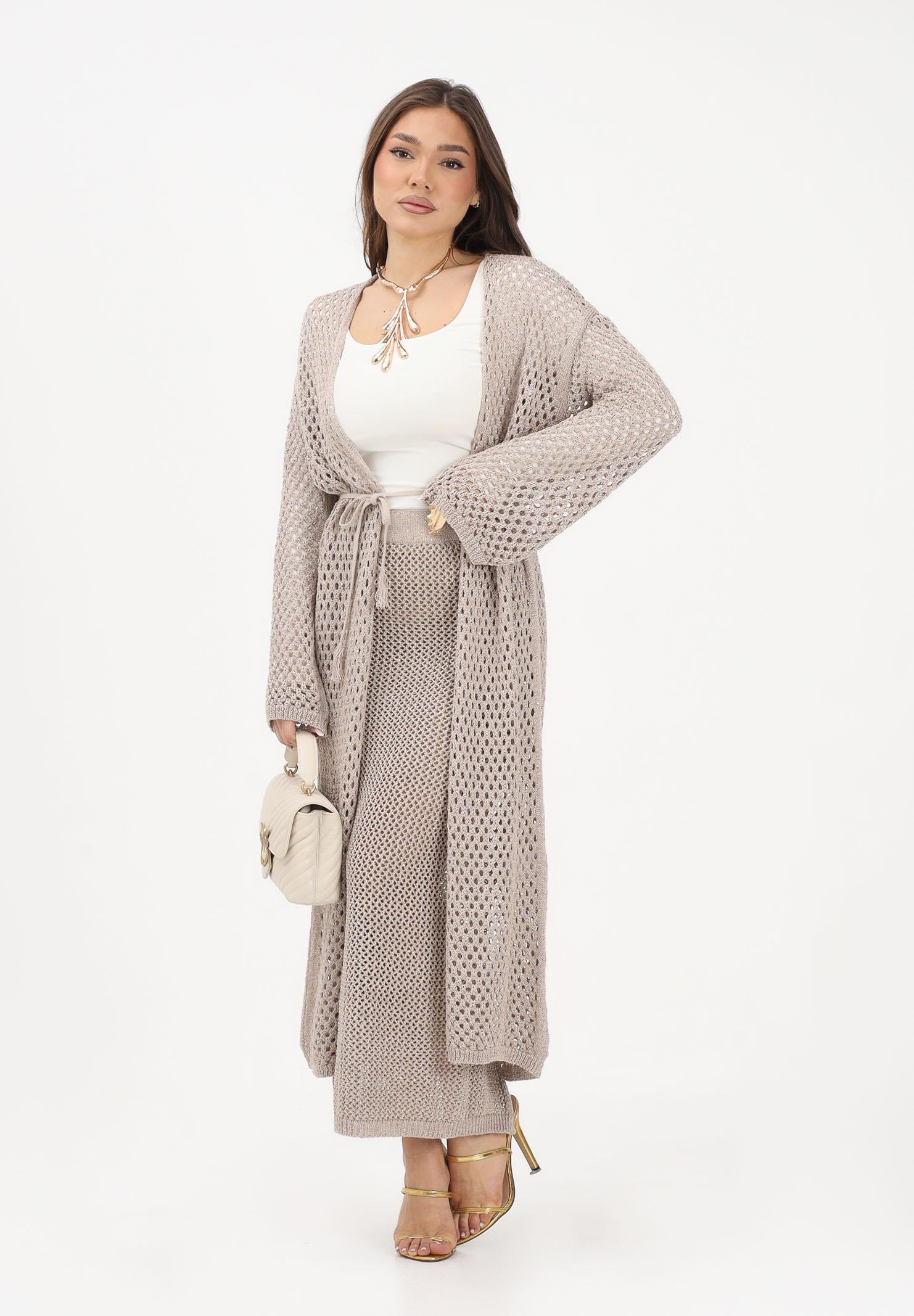 AKEP Cardigan lungo beige da donna in maglia traforata con cintura MGKD13036 V3 AKEP