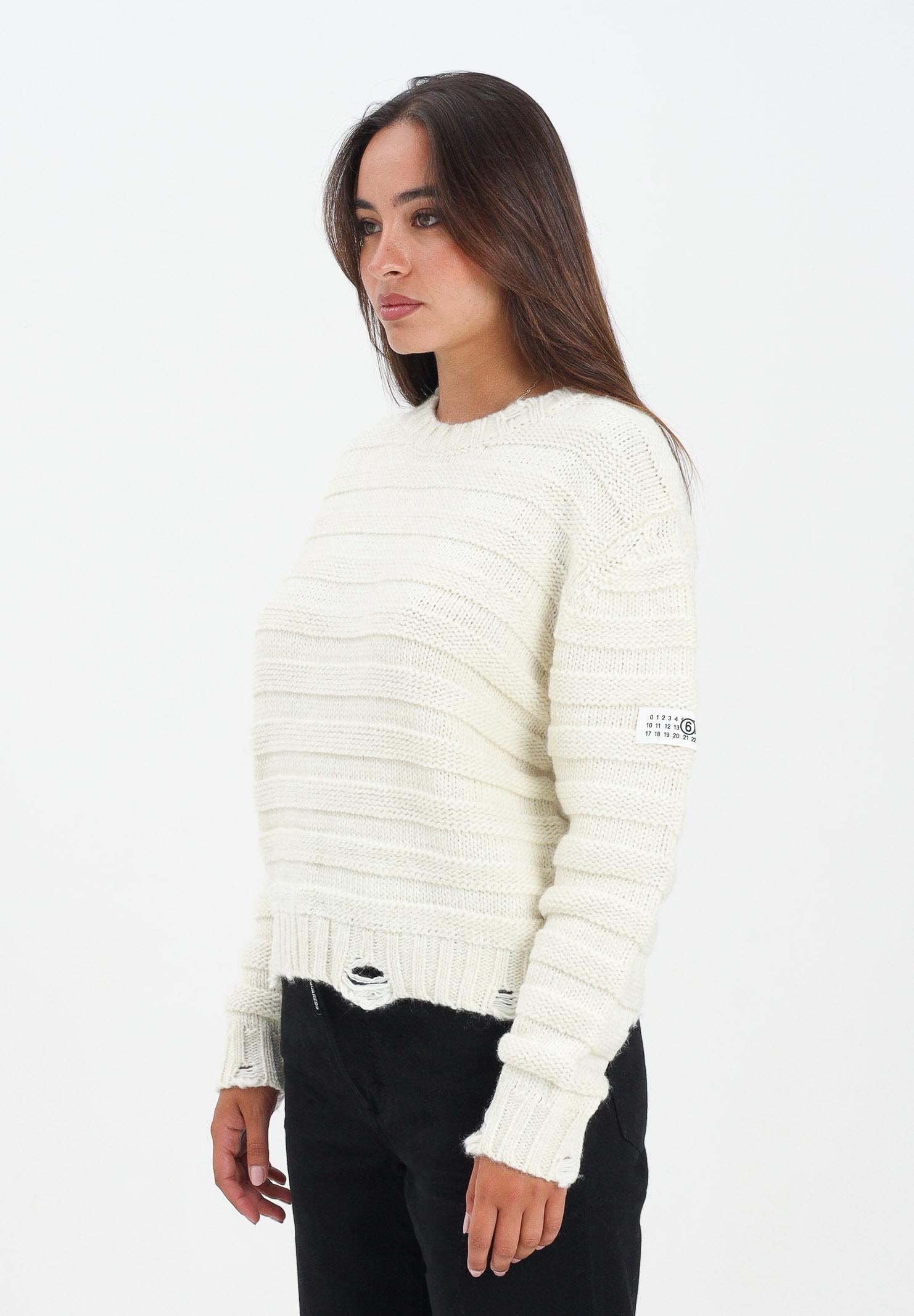 MAISON MARGIELA Maglioncino girocollo panna per donna, ragazzi e bambini in misto lana a coste con rotture<BR/> M60880MM06P M6101 MAISON MARGIELA